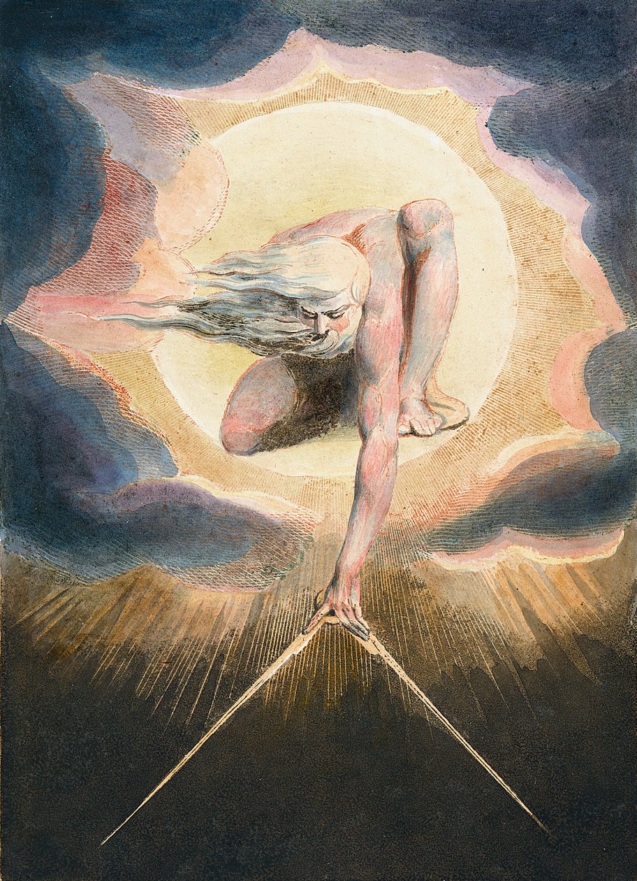 The Ancient of Days - Urizen měřící hmotný svět - Urizen měřící materiální svět. Ilustrace frontispisu knihy „“ Evropa. K proroctví." Kresba William Blake (1757-1827) od William Blake