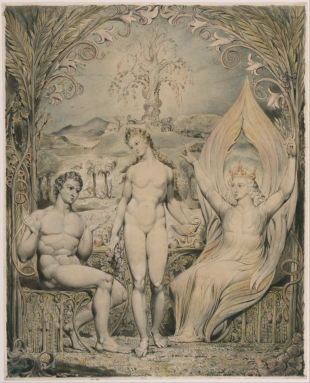 Archanděl Rafael s Adamem a Evou (ilustrace k Miltonovu dílu „Ztracený ráj“) od William Blake