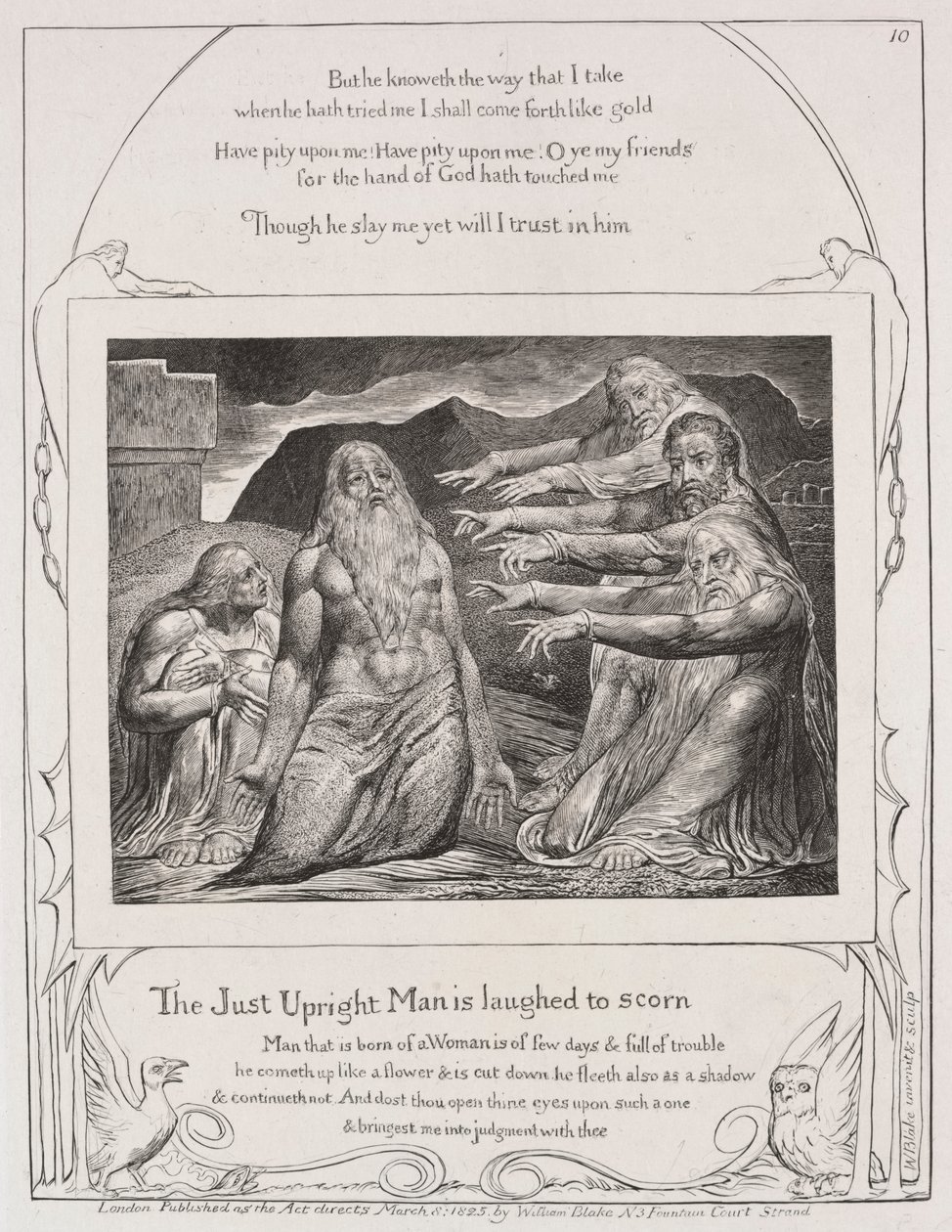 The Book of Job: Pl10, Spravedlivý bezúhonný člověk se vysmívá k pohrdání od William Blake