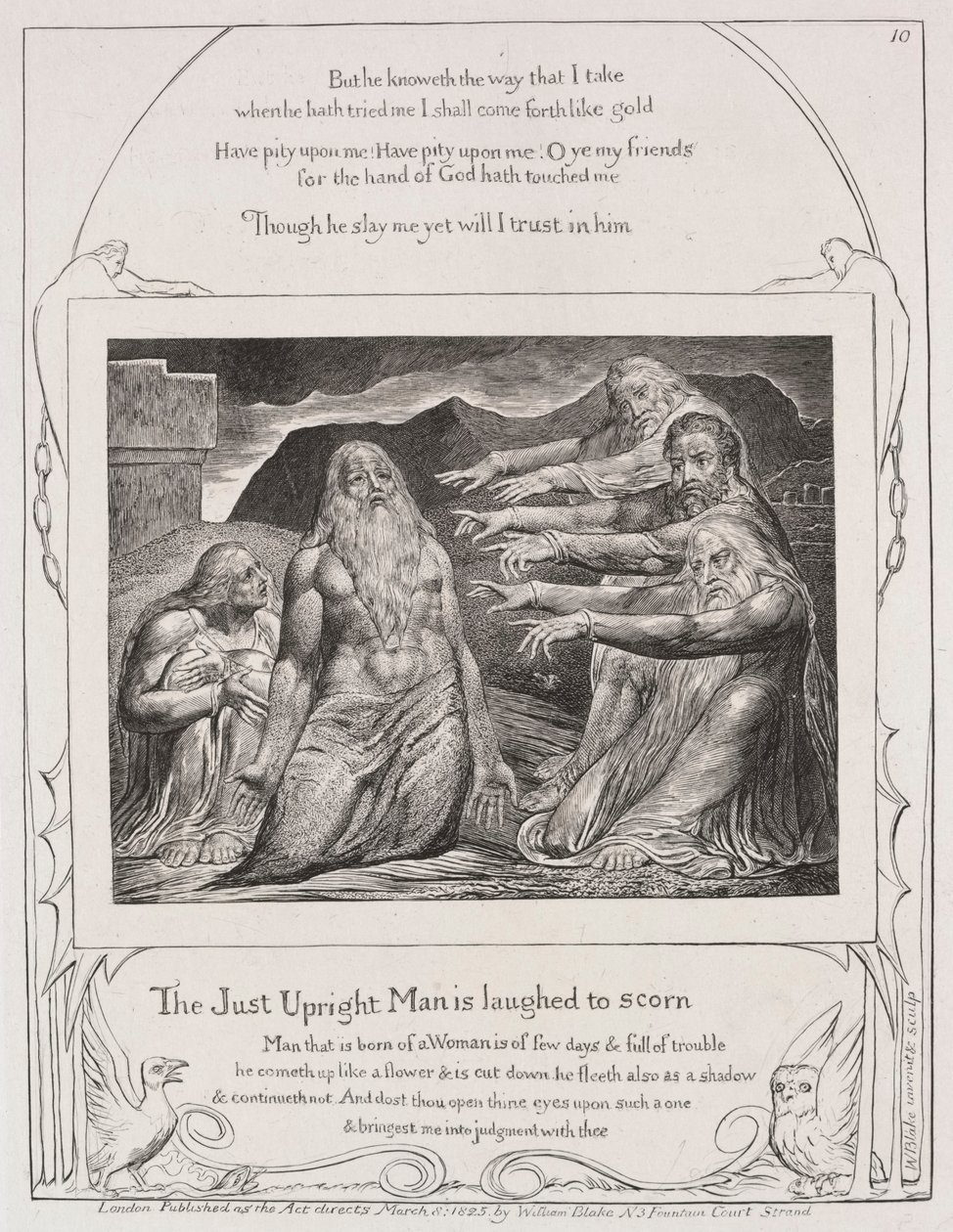 Kniha Job: Pl. 10, Spravedlivý bezúhonný člověk se vysmívá k opovržení, 1825. od William Blake