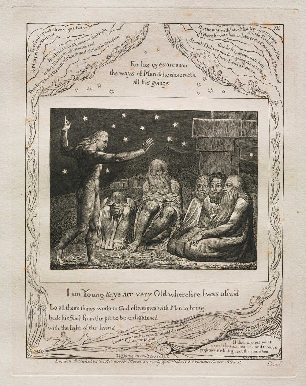 Kniha Job: Pl. 12, Jsem mladý a vy jste velmi staří, proto jsem se bál, 1825. od William Blake