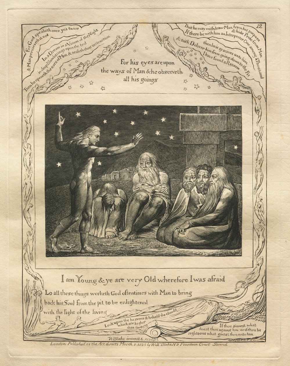 Kniha Job: Pl. 12, Jsem mladý a vy jste velmi staří, proto jsem se bál, 1825. od William Blake