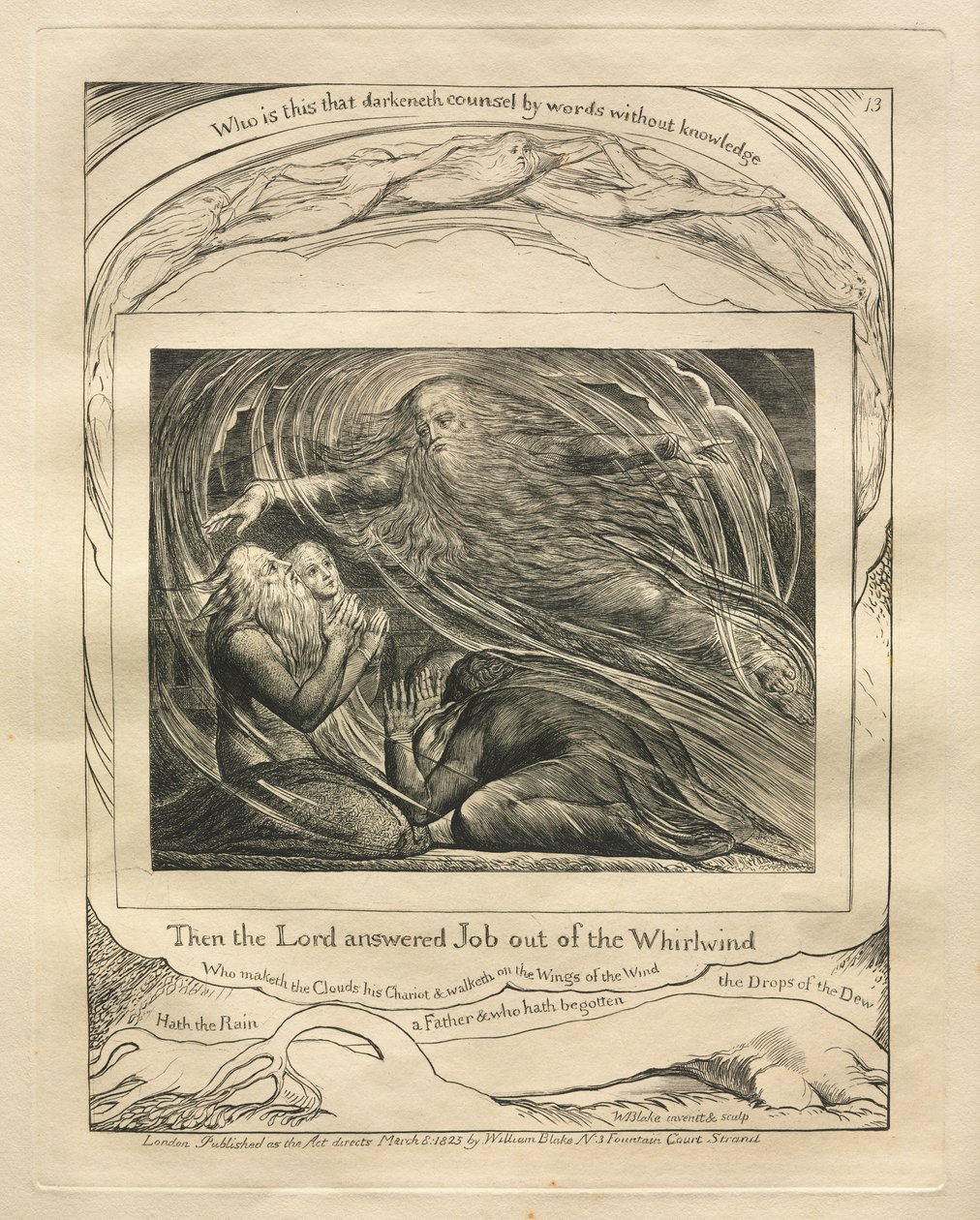 Kniha Job: Pl. 13, Potom Pán odpověděl Jobovi z vichru, 1825. od William Blake