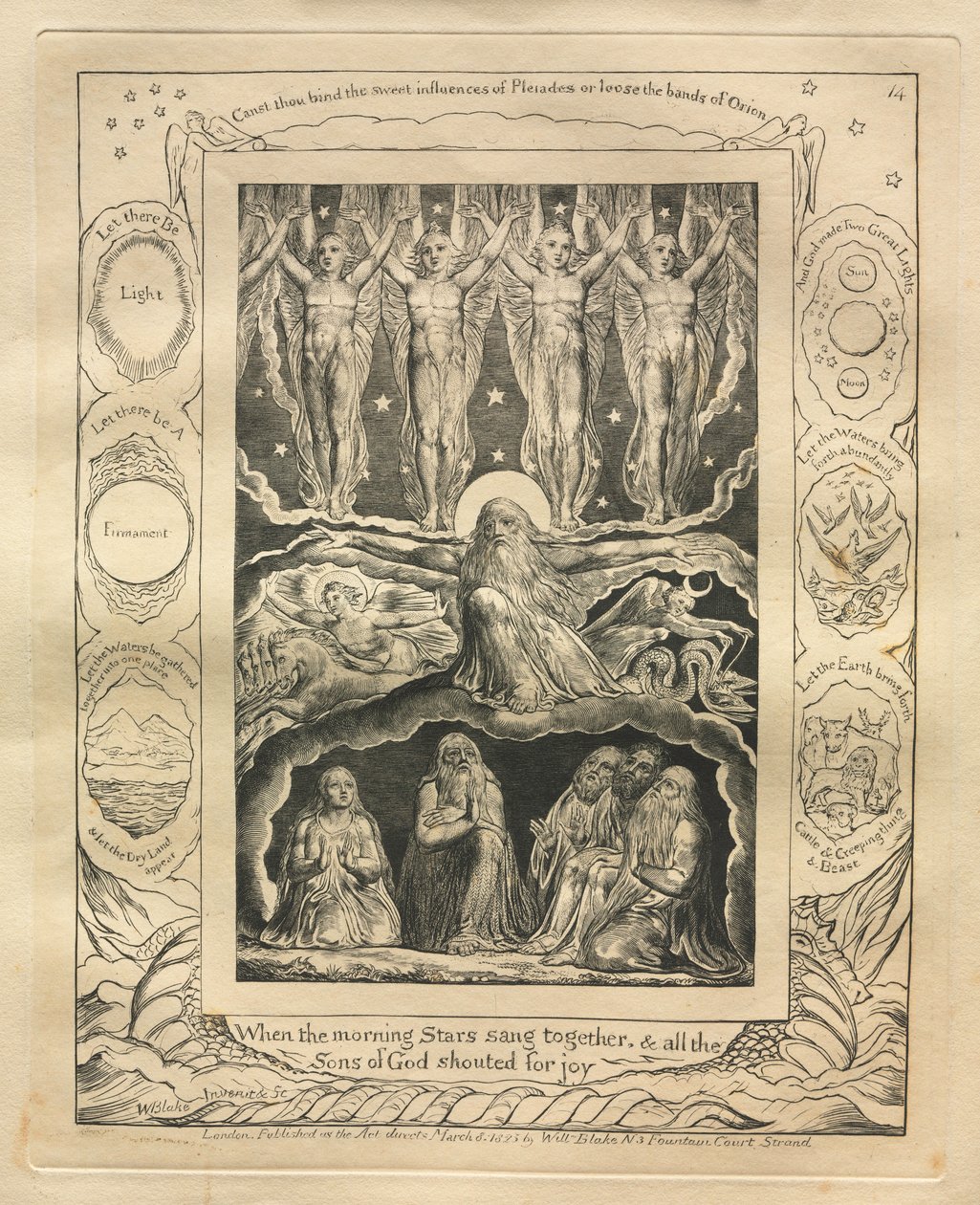 Kniha Job: Pl. 14, Když jitřní hvězdy spolu zpívaly, a všichni synové Boží..., 1825. od William Blake