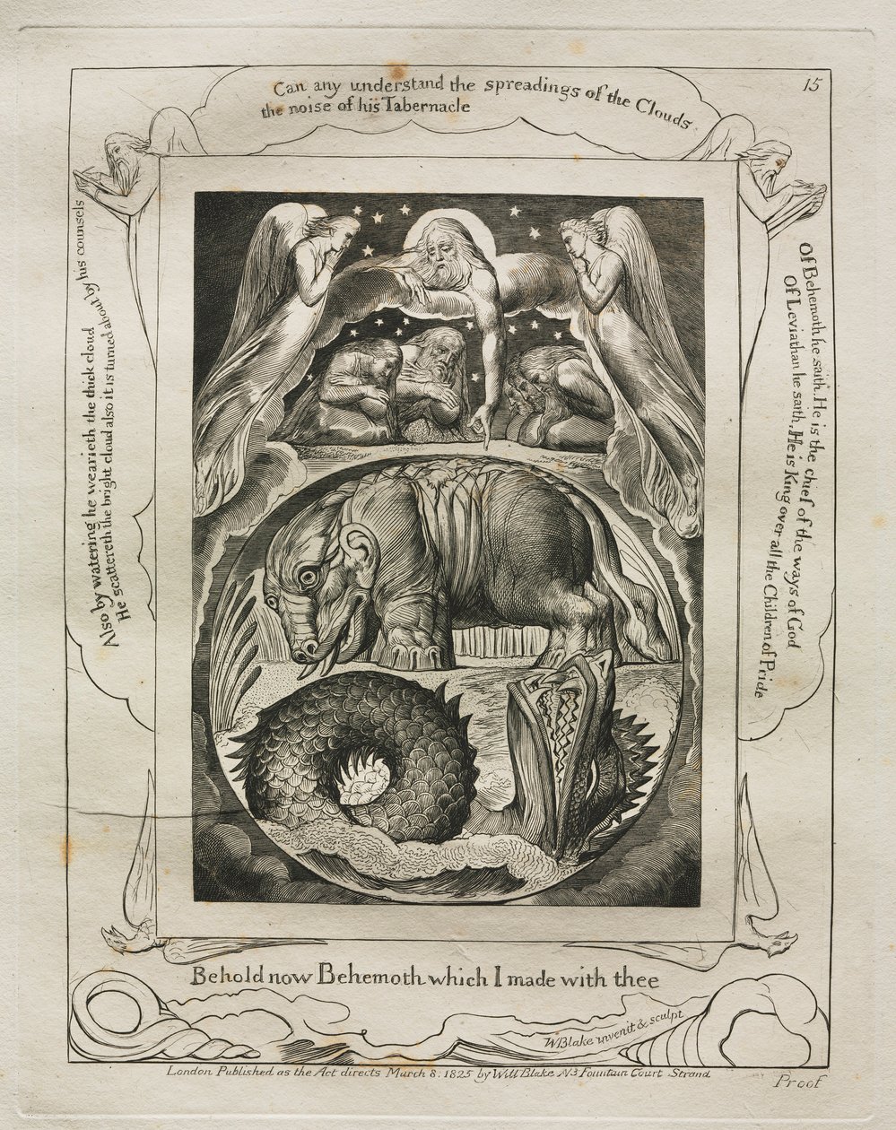 Kniha Job: Pl. 15, Hle, nyní Behemoth, kterého jsem s tebou udělal, 1825. od William Blake