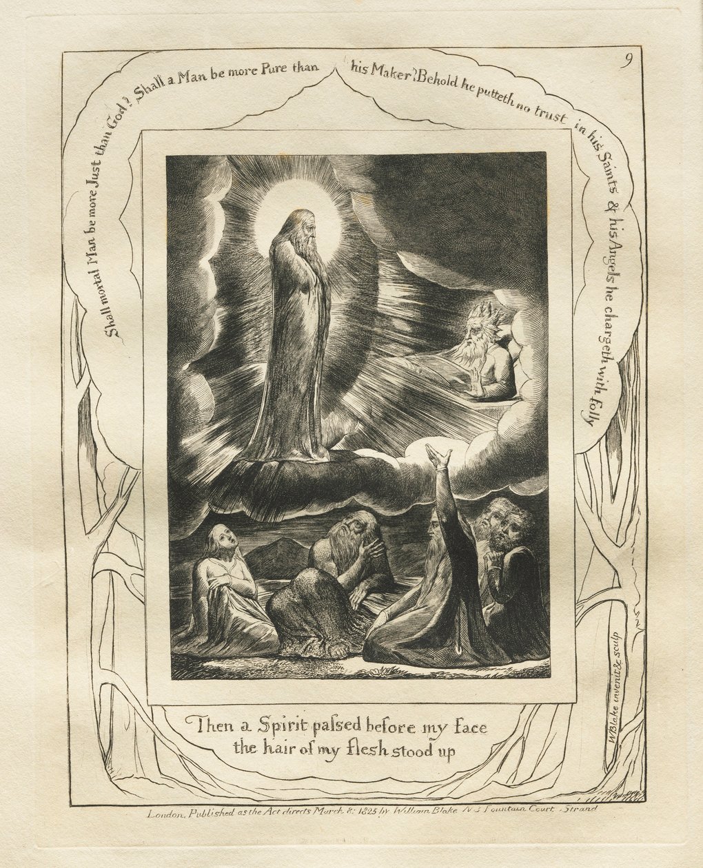 Kniha Job: Pl. 9, Potom před mou tváří prošel Duch, vlasy z mého těla vstaly, 1825. od William Blake