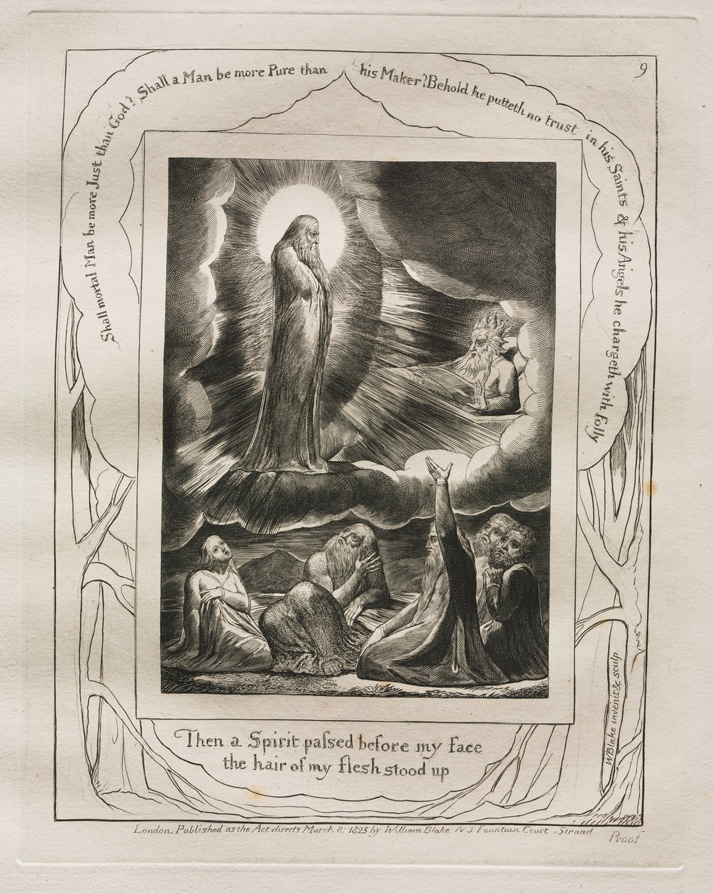 Kniha Job: Pl. 9, Potom před mou tváří prošel Duch, vlasy z mého těla vstaly, 1825. od William Blake
