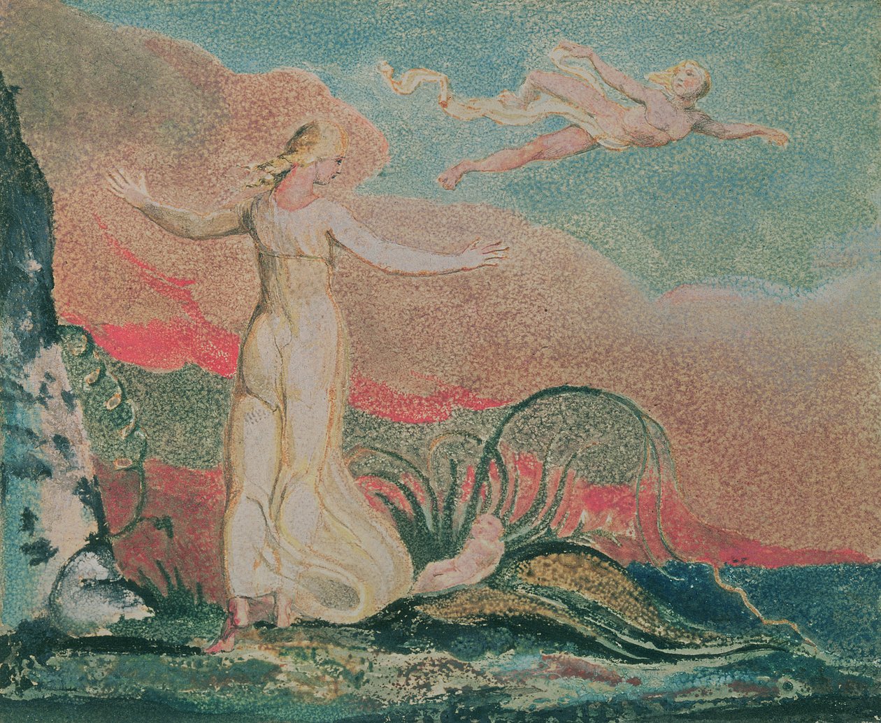 The Book of Thel; Deska 4 Thel in the Vale of Har, 1794 (barevně tištěný reliéfní lept) od William Blake
