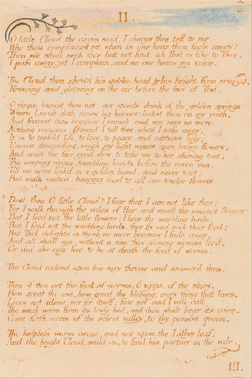 Kniha Thel, talíř 5, II. „Ó malý oblaku. . . . od William Blake