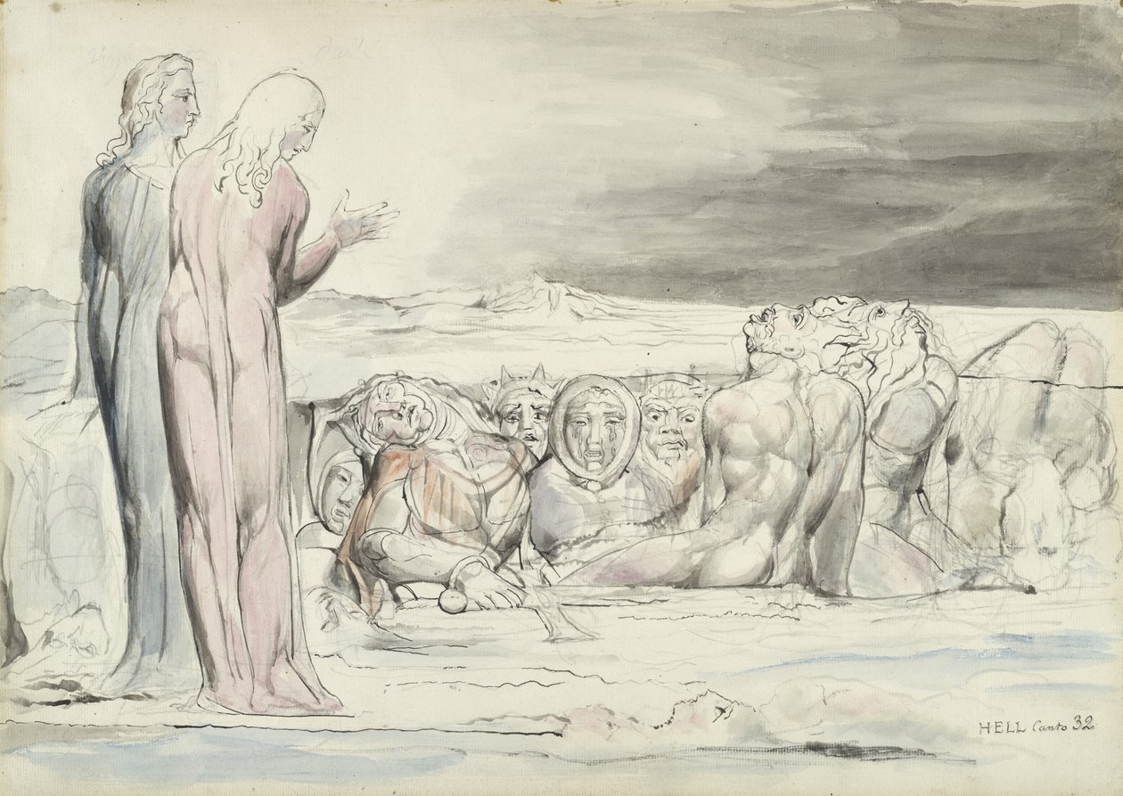 Kruh zrádců: Bratři Albertiové, ilustrace k Božské komedii od Dante Alighieriho, 1824-27 (pero a inkoust s wc přes tužku a křídu na papíře) od William Blake