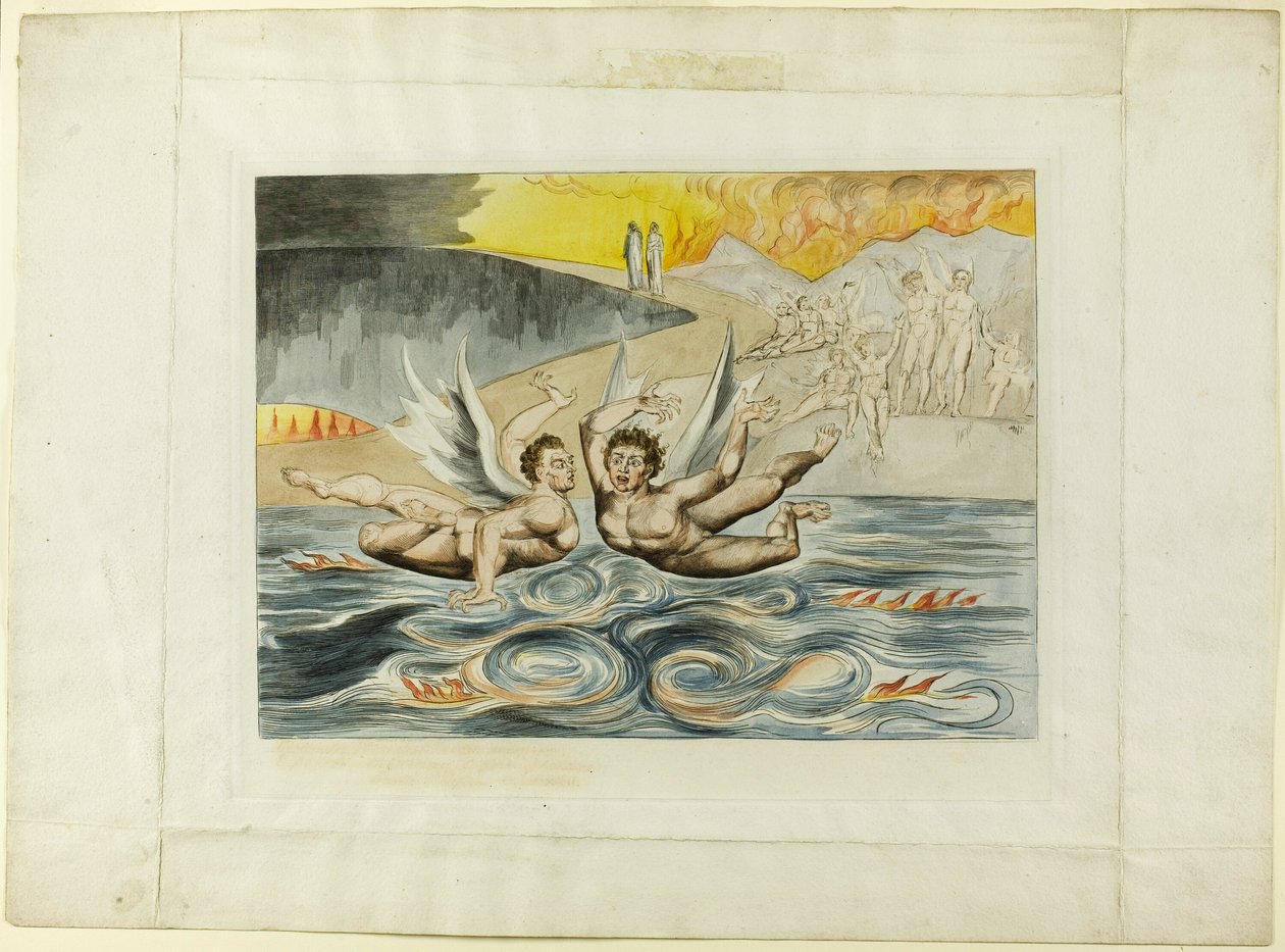 Kruh zkorumpovaných úředníků; ďáblové, kteří se navzájem obtěžují. Inferno, zpěv XXII. od William Blake