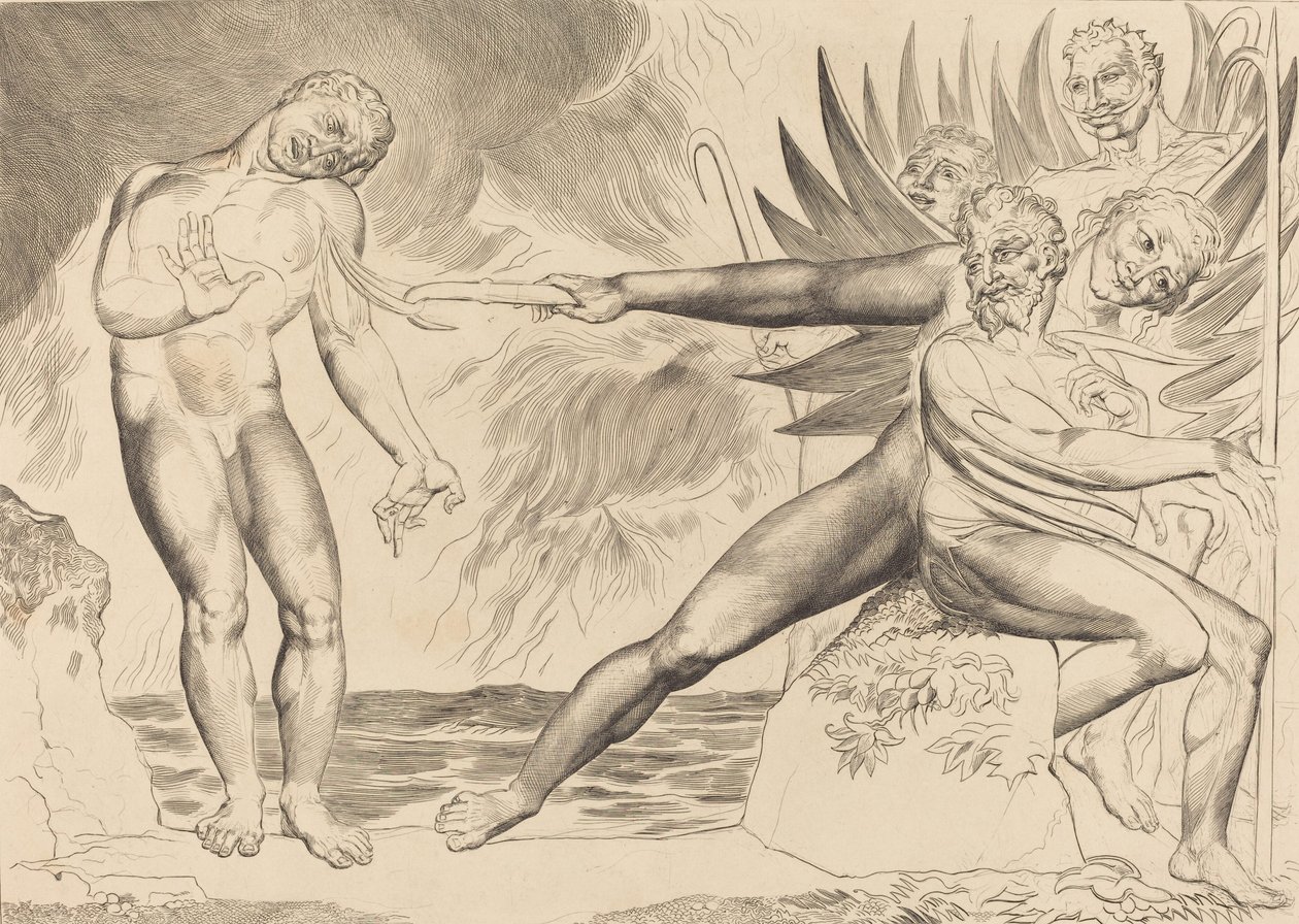 Kruh zkorumpovaných úředníků, ďáblové mučící Ciampolo, 1827. od William Blake