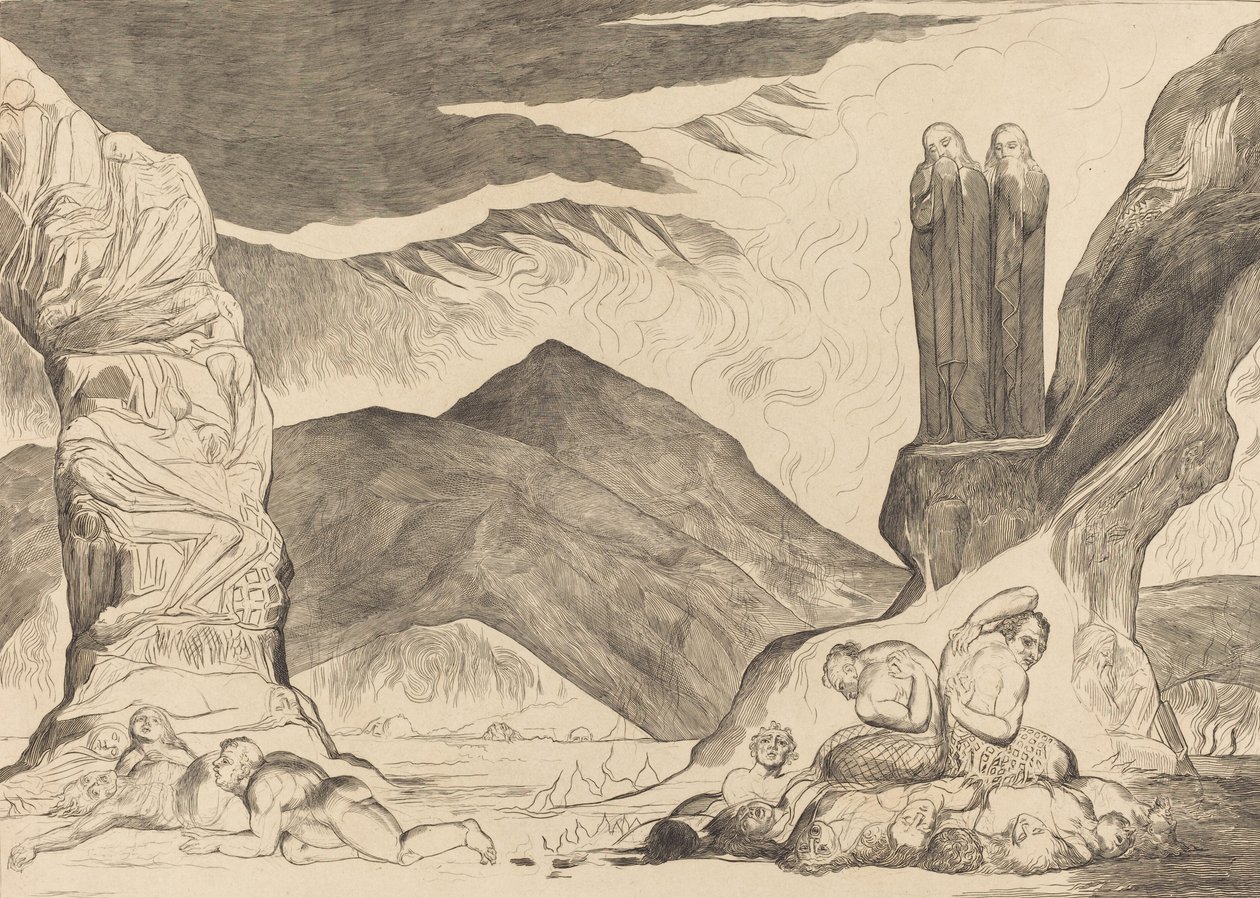 Kruh falzifikátorů: Dante a Virgil si zakrývají nos kvůli zápachu, 1827. od William Blake