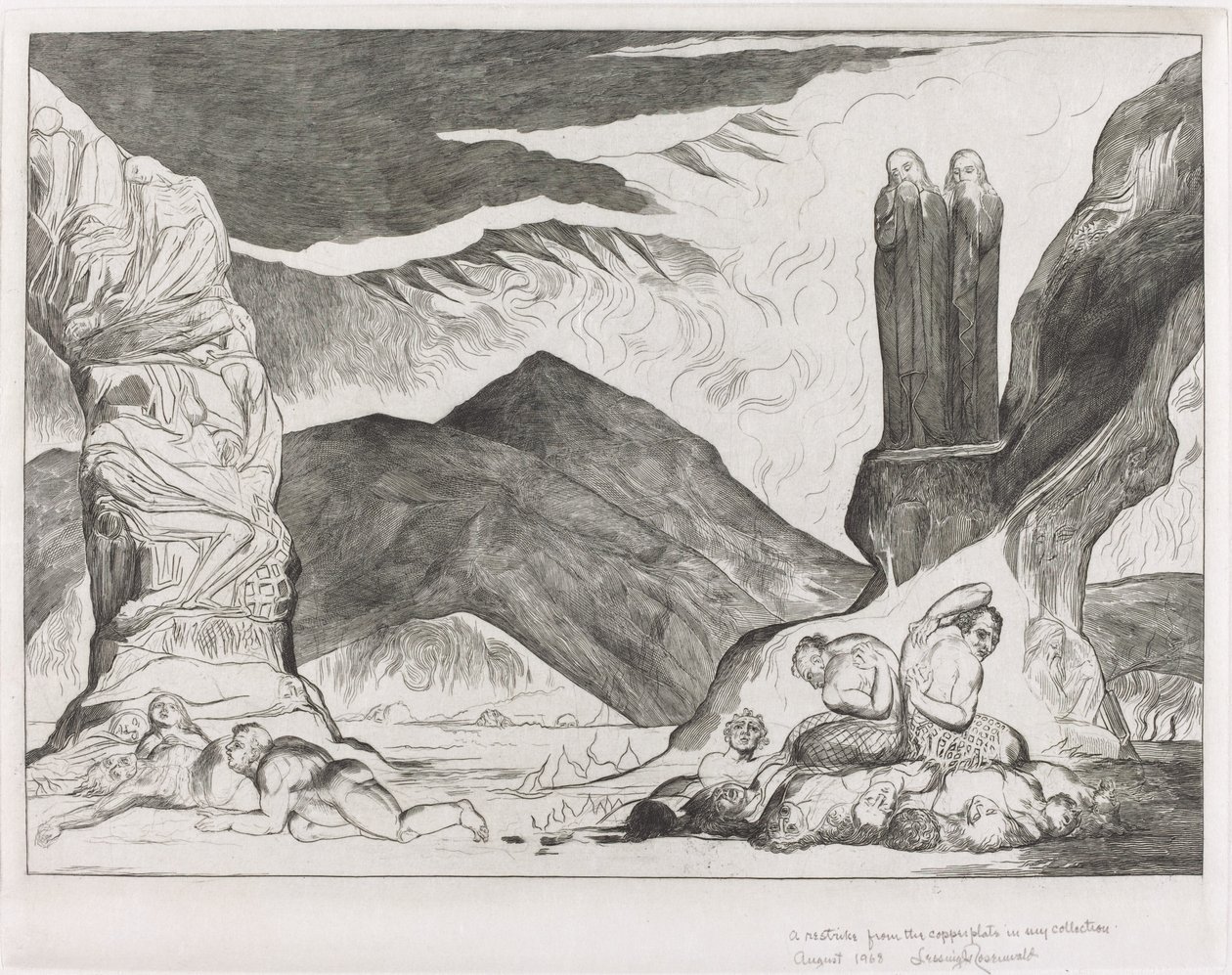 Kruh falšovatelů: Dante a Virgil si ohrnují nos kvůli smradu od William Blake