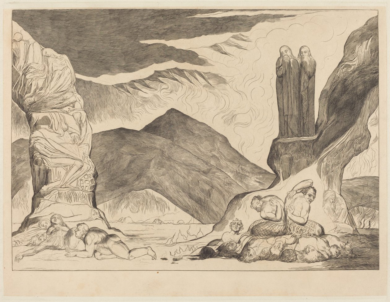 Kruh padělatelů: Dante a Vergilius si zakrývají nosy kvůli zápachu od William Blake