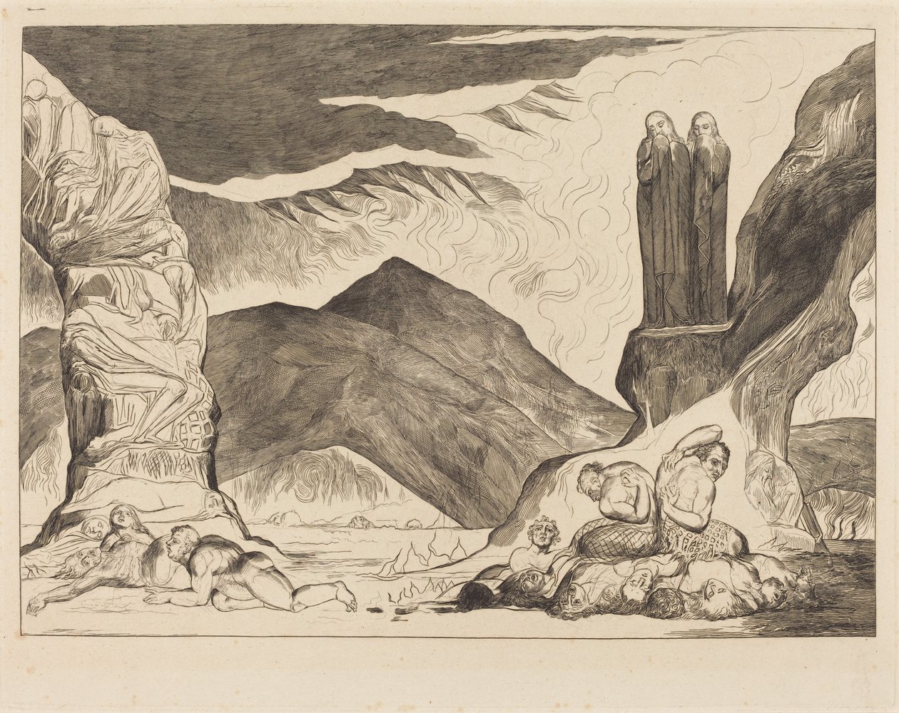 Kruh padělatelů: Dante a Vergilius si zakrývají nos kvůli zápachu od William Blake