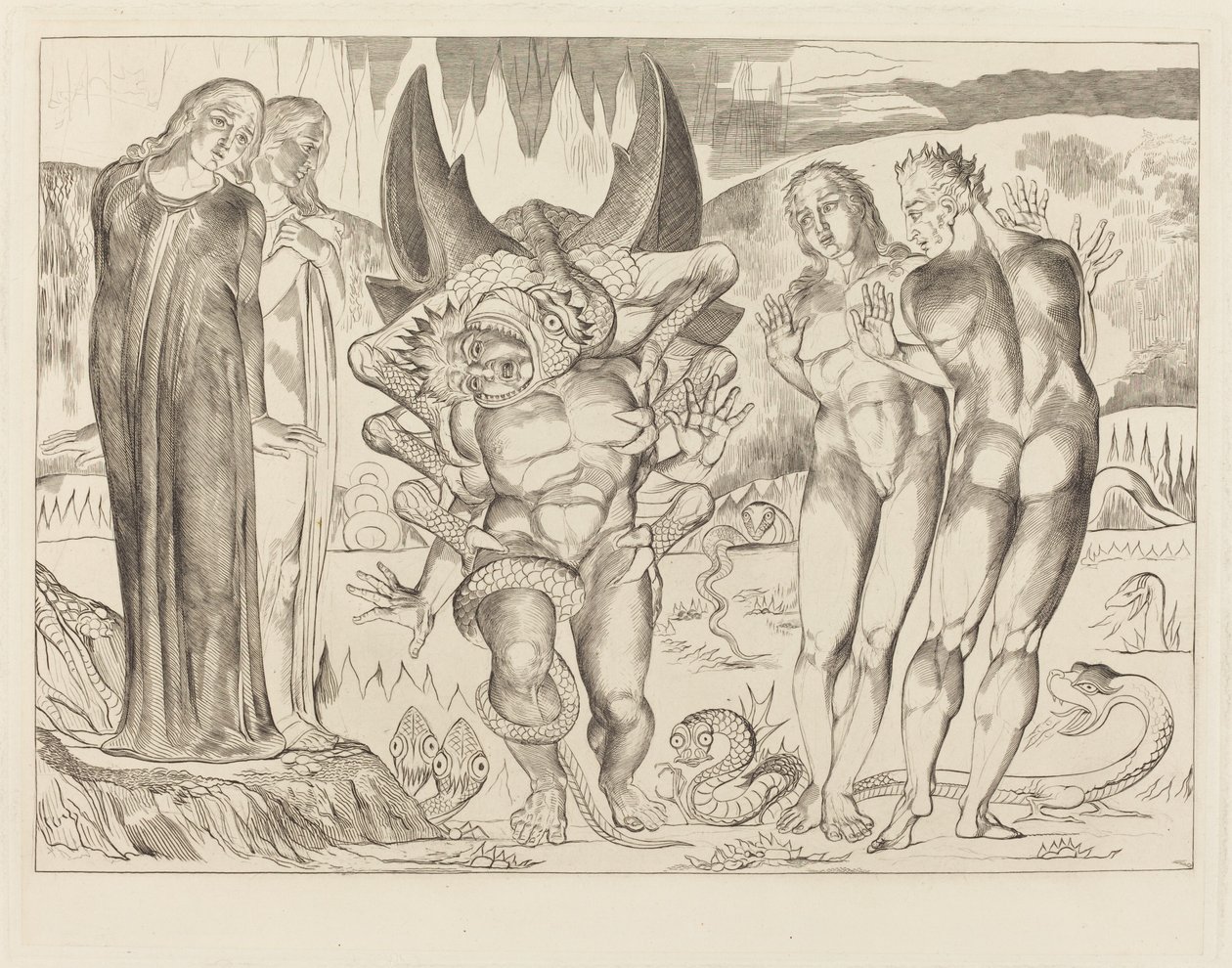 Kruh zlodějů; Agnolo Brunelleschi Napaden šestinohým hadem od William Blake