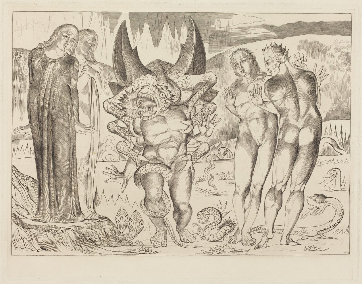 Kruh zlodějů; Agnolo Brunelleschi napaden šestinohým hadem od William Blake