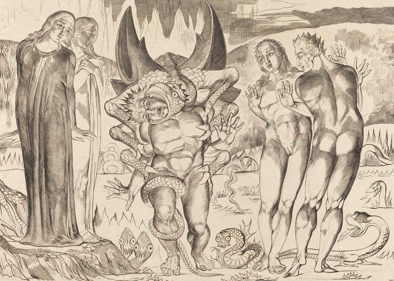 Kruh zlodějů, Agnolo Brunelleschi Napaden šestinohým hadem, 1827. od William Blake