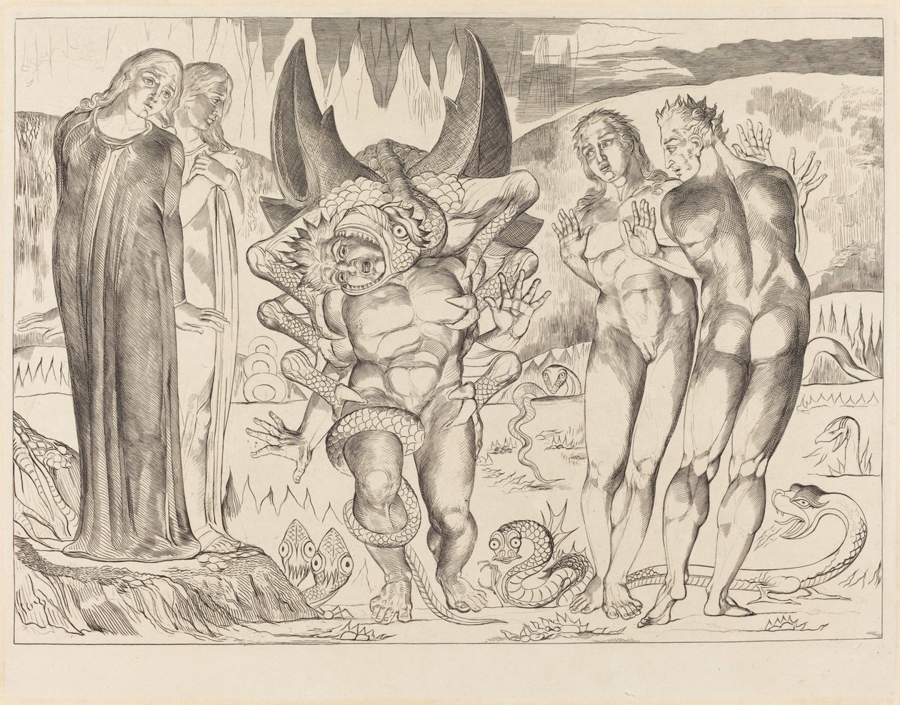 Kruh zlodějů, Agnolo Brunelleschi Napaden šestinohým hadem, 1827. od William Blake