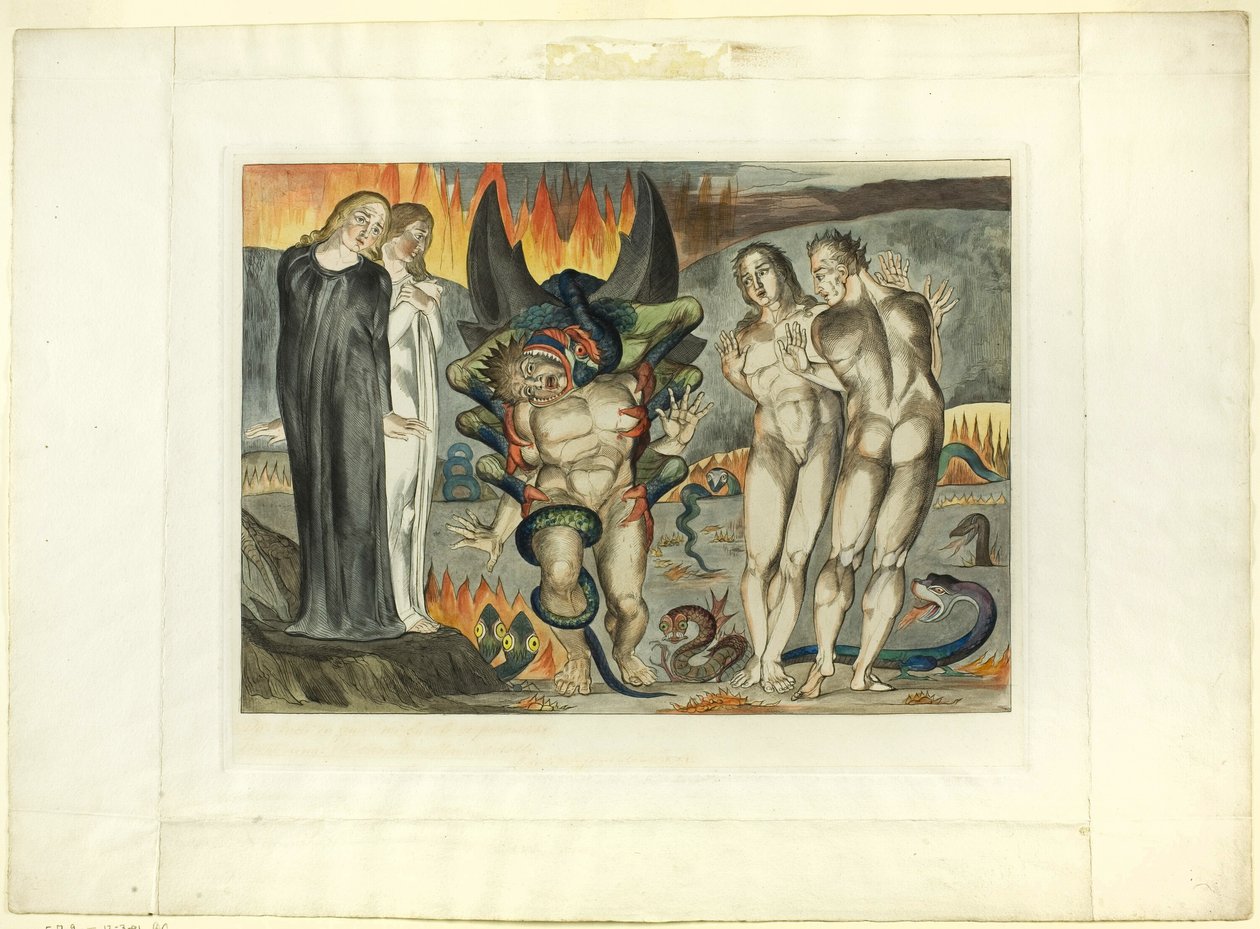 Kruh zlodějů; Agnolo Brunelleschi Napaden šestinohým hadem. Inferno, zpěv XXV od William Blake