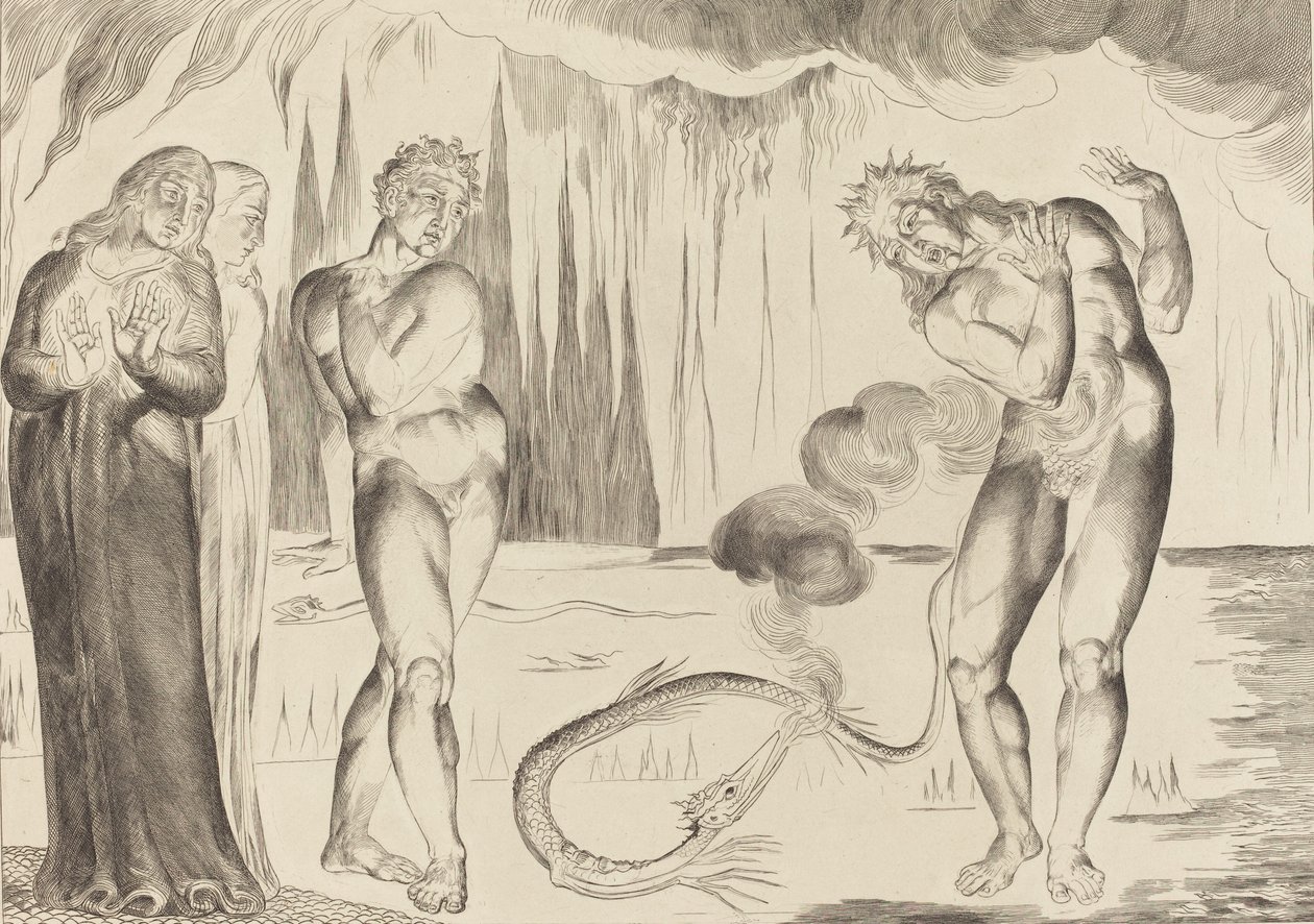 Kruh zlodějů, Buoso Donati napaden hadem, 1827. od William Blake