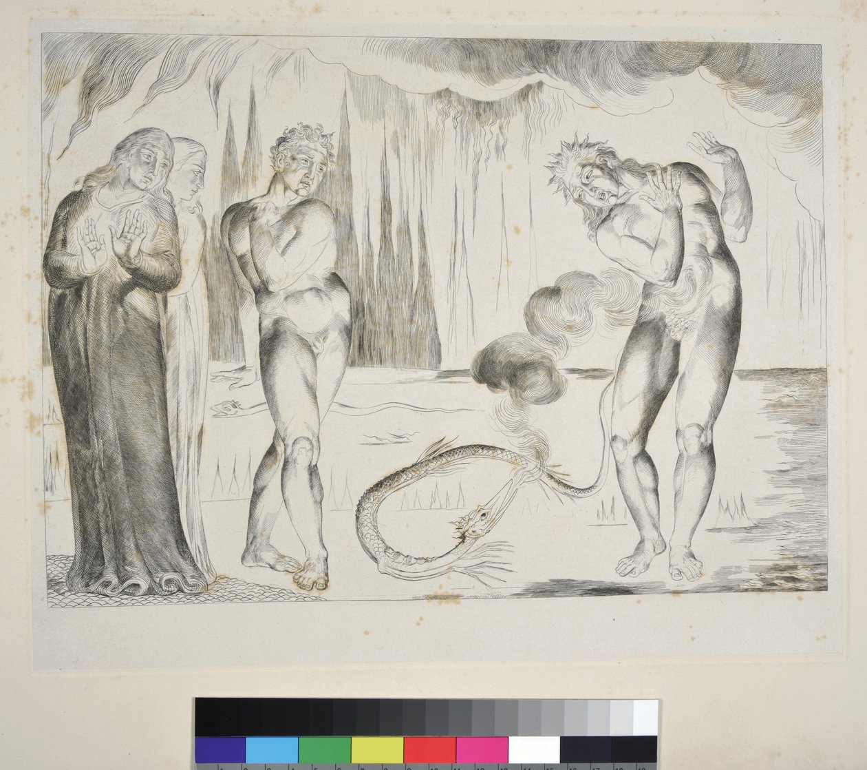 Kruh zlodějů: Dante Alighieri: Buoso Donati napaden hadem, Inferno, Canto XXV, ilustrace k "Božské komedii", asi 1827-38 (rytina) od William Blake
