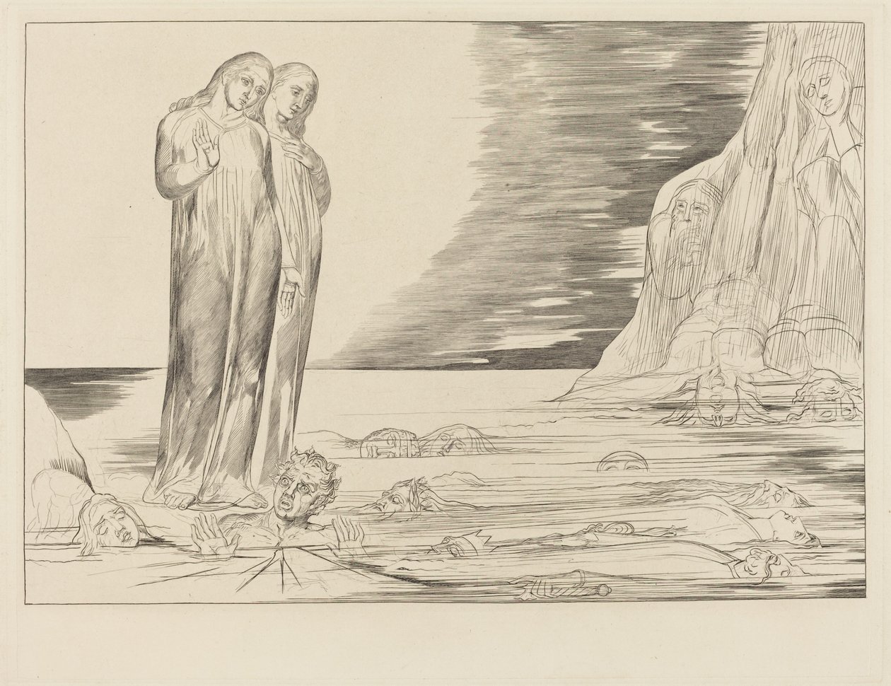 Kruh zrádců; Dantova noha udeří Bocca degli Abbate od William Blake