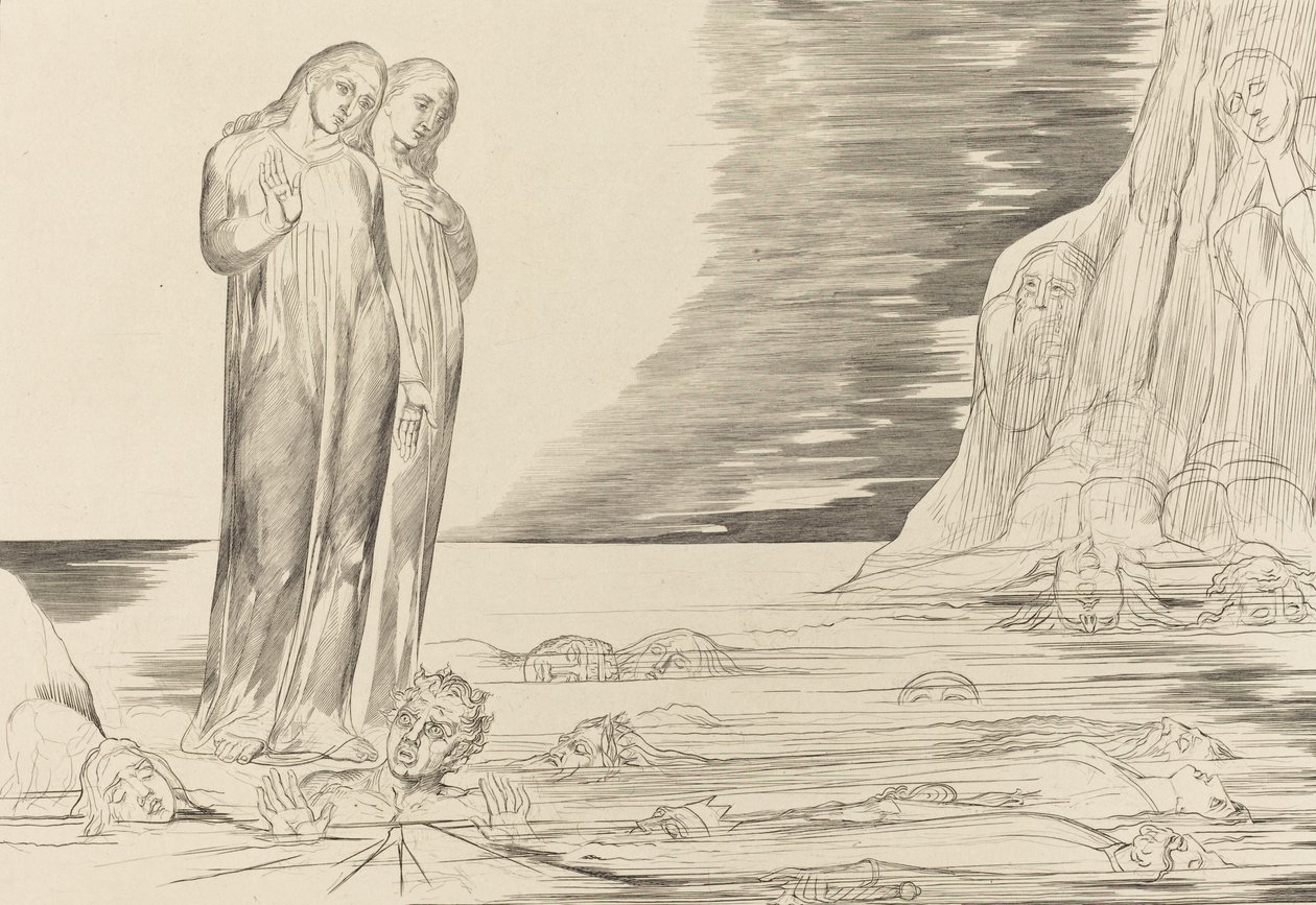 Kruh zrádců, Danteho noha zasáhla Bocca degli Abbate, 1827. od William Blake