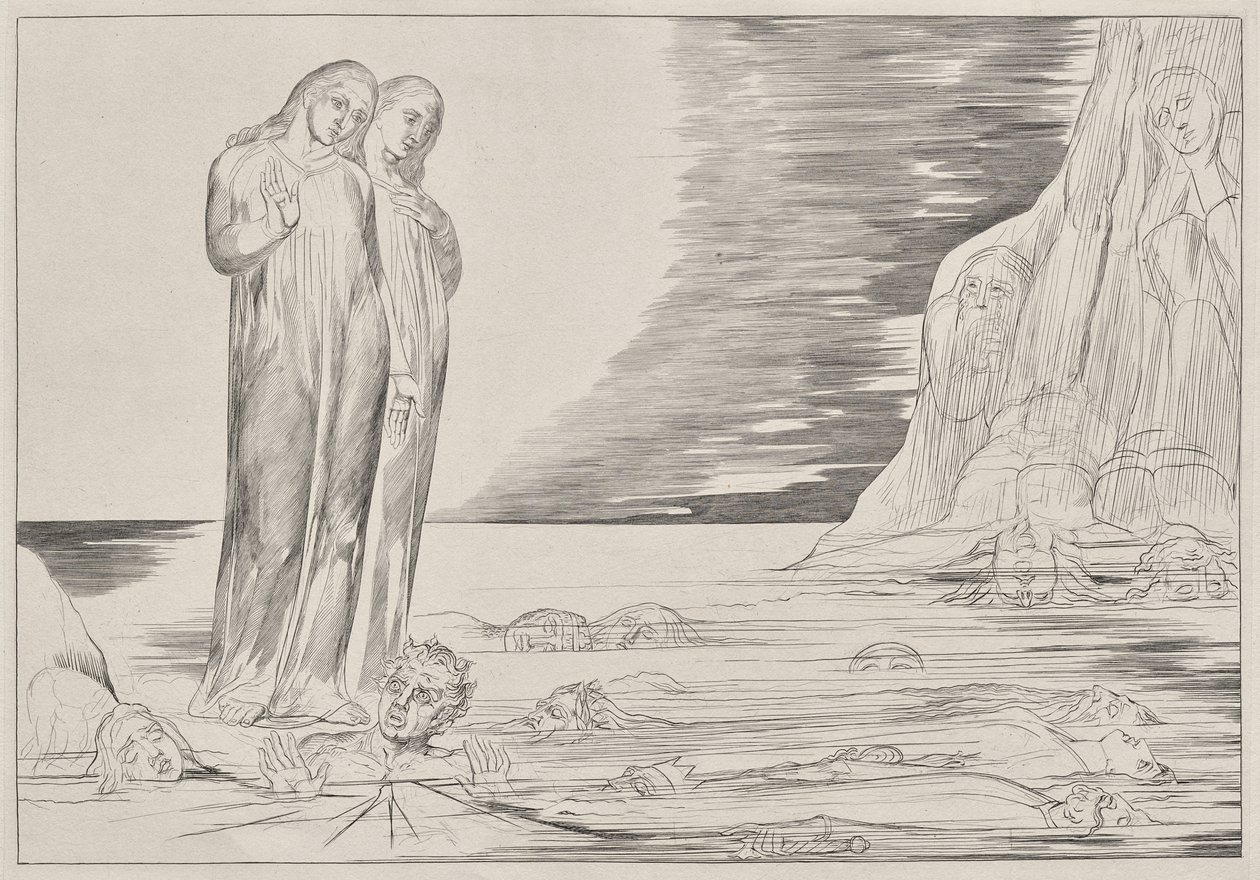 Kruh zrádců: Dantova noha strkující Bocca degli Abbate, od Dantova Pekla, ilustrace zpěvu XXXII po Dantovu Božskou komedii od William Blake