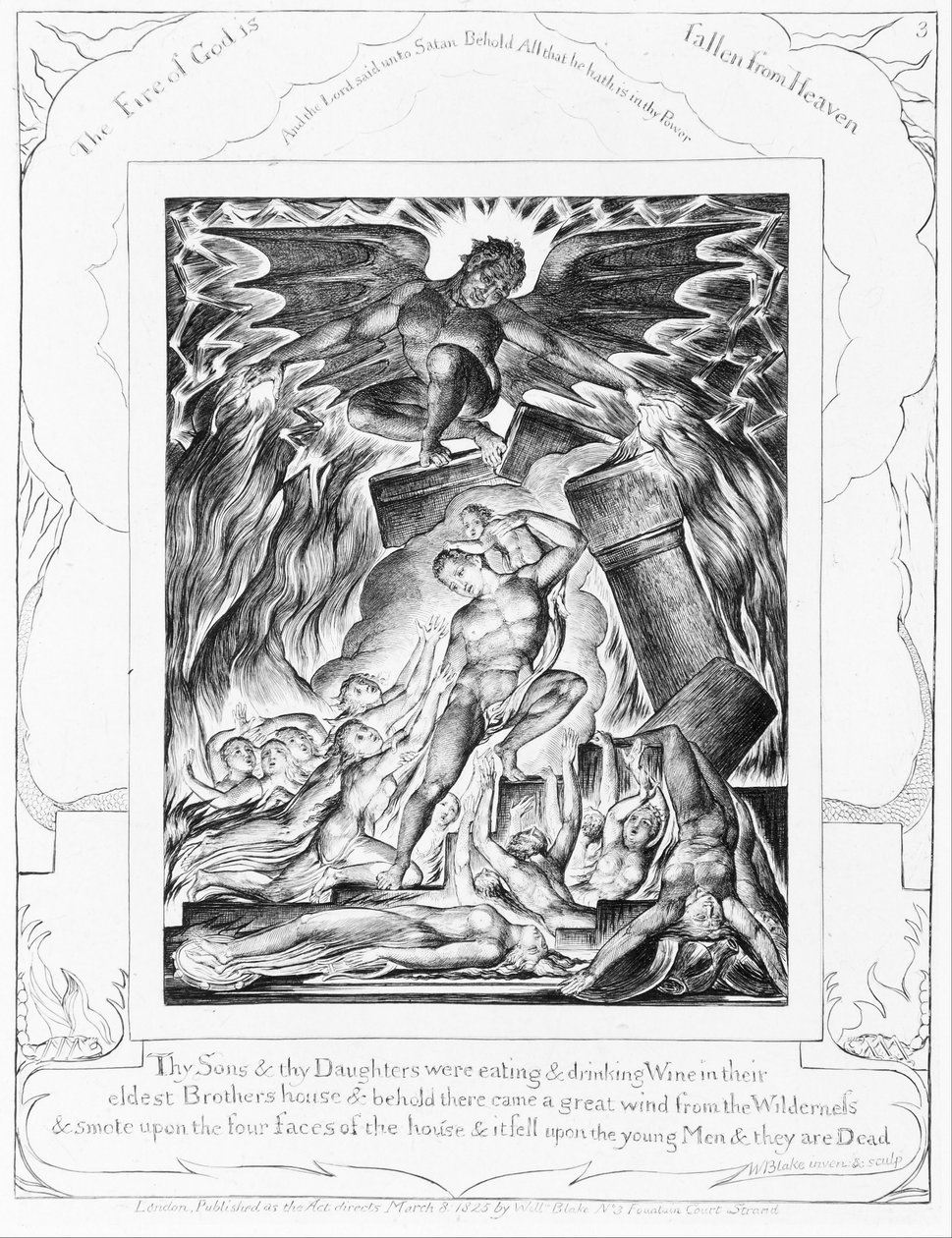 Zničení Jobových synů, deska 3 z „Ilustrací ke Knize Jób“ od William Blake