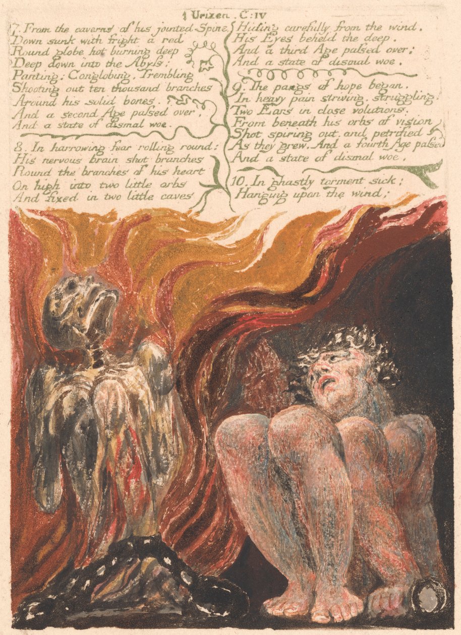 První kniha Urizenova, deska 10, "7. Z jeskyní jeho kloubové páteře . . . ." (Bentley 11) od William Blake