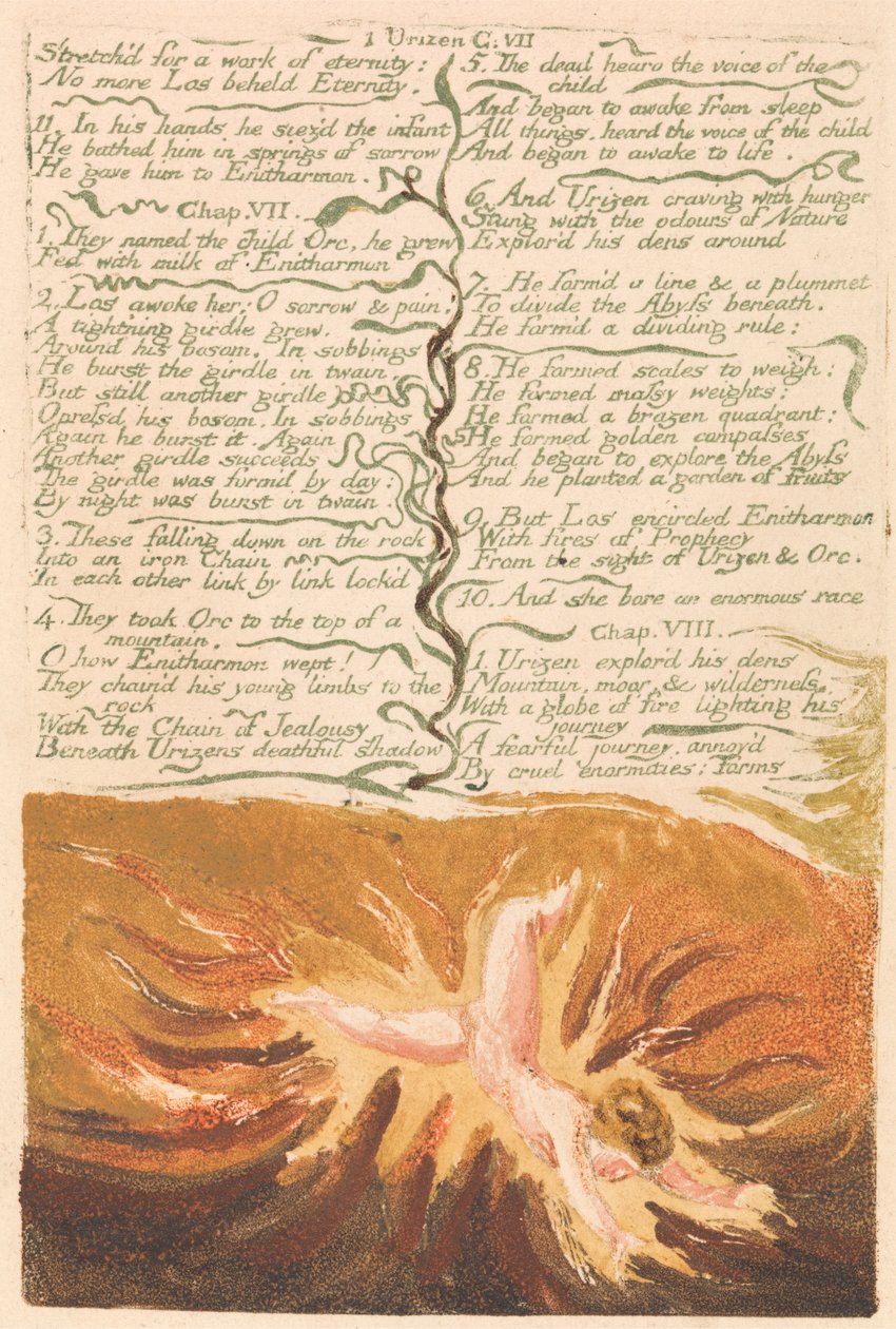 První kniha Urizenova, deska 19, „Nataženo pro dílo věčnosti...“. (Bentley 20) od William Blake