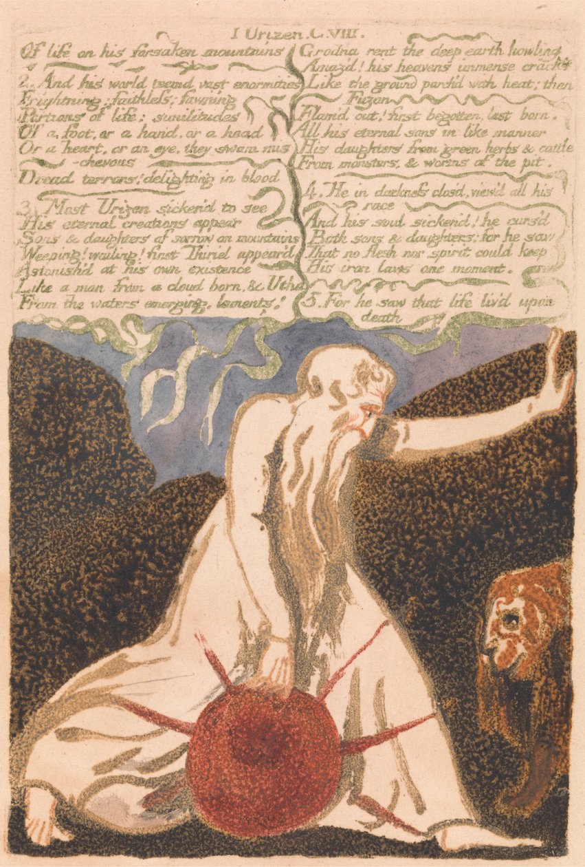 První kniha Urizenova, deska 20, "Životem opuštěné hory . . . ." (Bentley 23) od William Blake