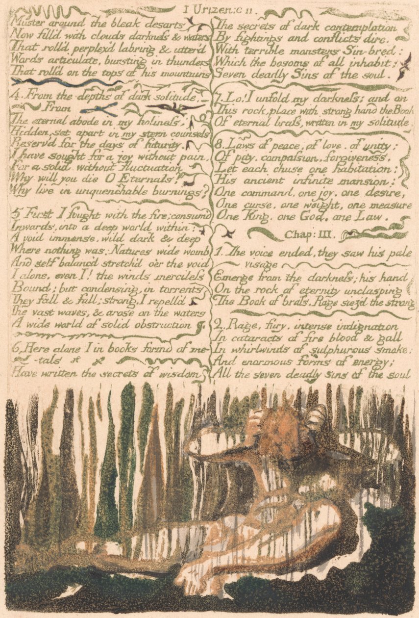 První kniha Urizenova, deska 4, „Shromáždění kolem bezútěšných pustin...“. (Bentley 4) od William Blake