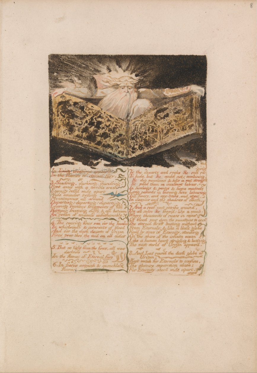 Objevila se první kniha Urizena, talíř 8, In Living Creations .... (Bentley 5) od William Blake
