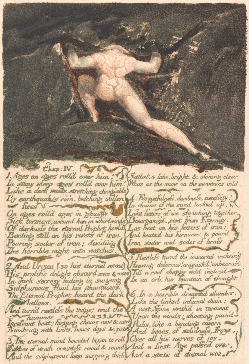 První kniha Urizena, deska 9, "Kapitola: IV | 1 Věky na věkech se přes něj převalovaly . . . ." (Bentley 10) od William Blake