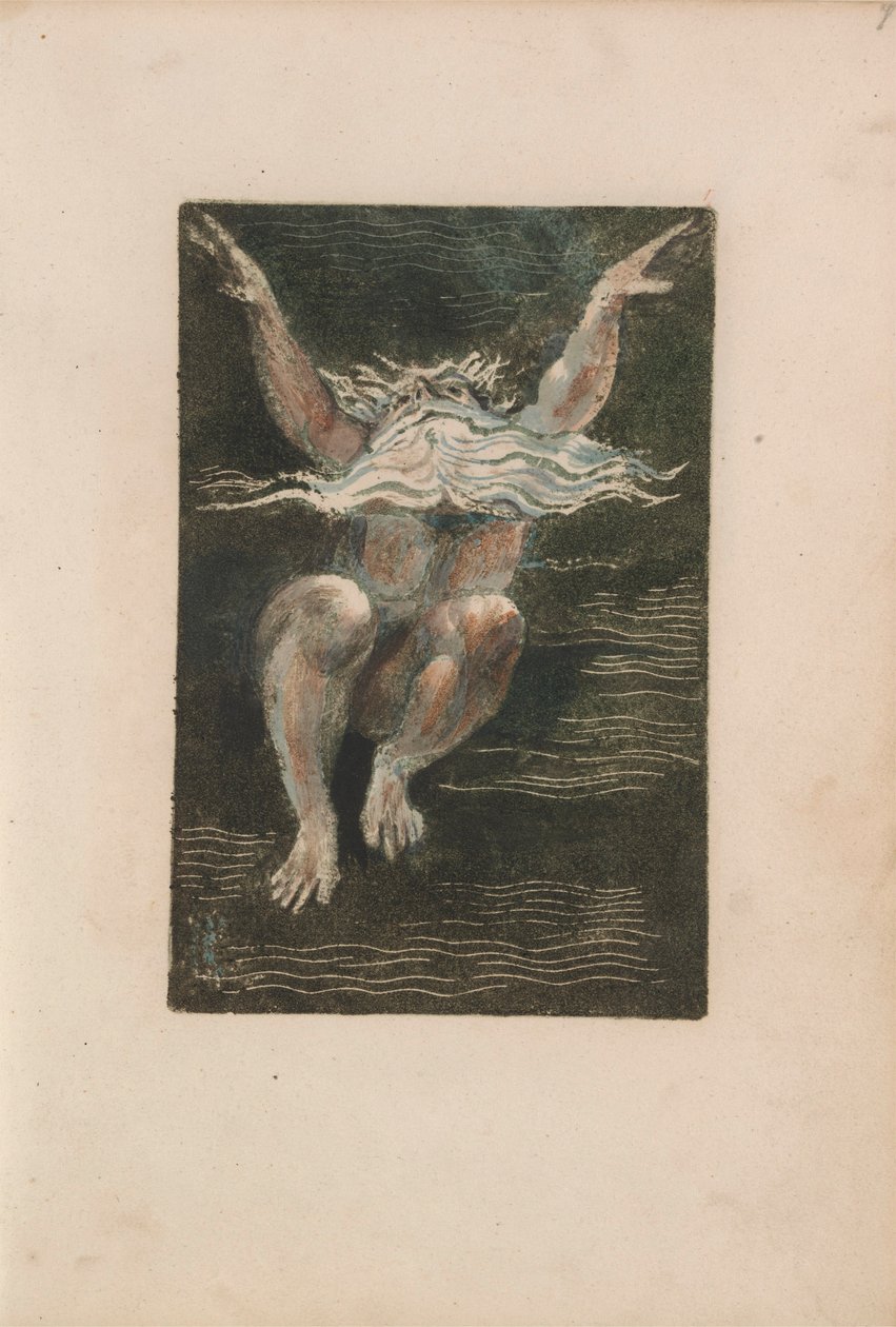 The First Book of Urizen, pl.7 (Nahý muž s vlajícím bílým plnovousem, který jako by stoupal v hluboké vodě) 1794 (barevně tištěný reliéfní lept s wc) od William Blake