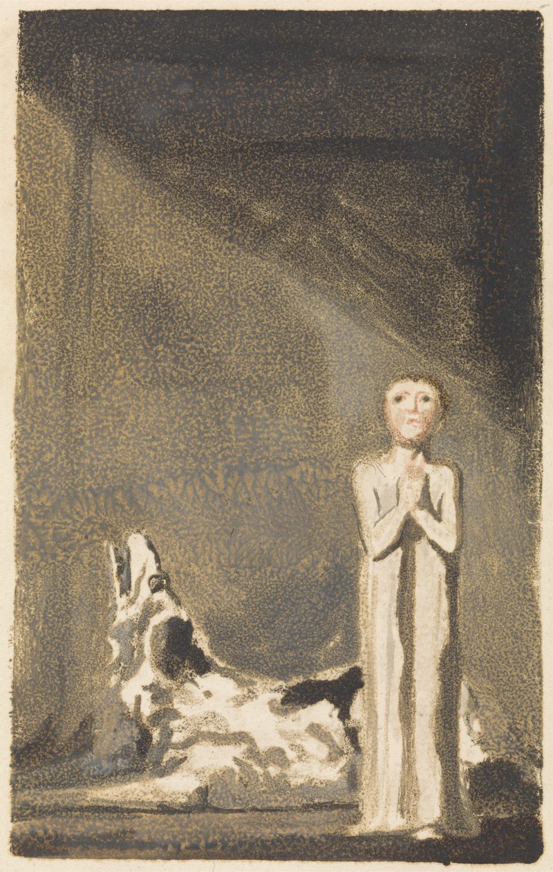 První kniha Urizenova, deska 24, Chlapec v dlouhých šatech, stojící se sepjatýma rukama napravo od psa od William Blake