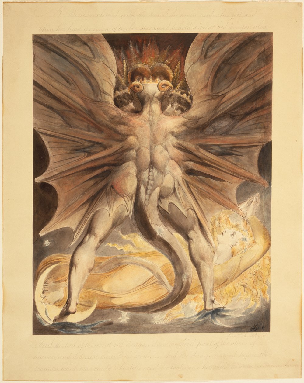 Velký červený drak a žena oděná sluncem (Zjev. 12: 1-4), kolem 1803-05 (černý inkoust a akvarel přes stopy grafitu a vyřezávané čáry) od William Blake
