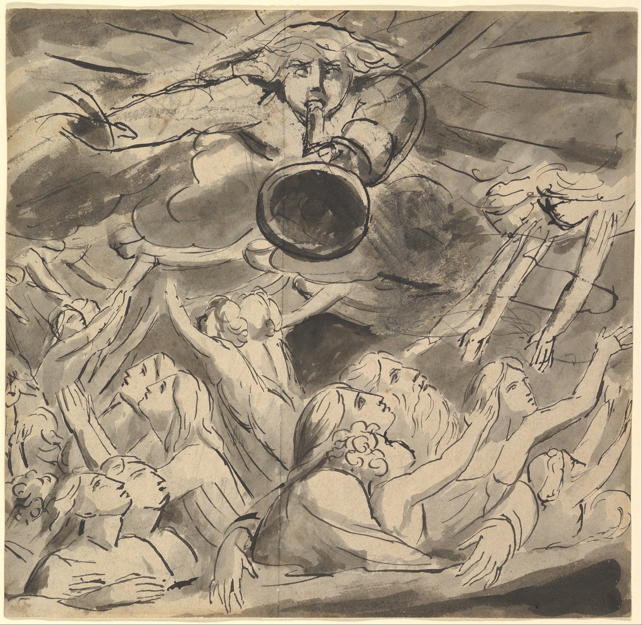 Poslední trubka (recto); dvě studie pravého oka, profil mladého muže s otevřenými ústy, hlava orla a hlava lva (verso) od William Blake