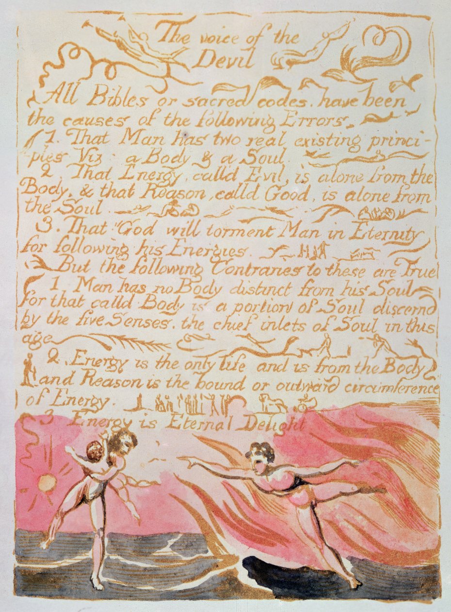 Manželství nebe a pekla; The Voice of the Devil, kolem roku 1790 (reliéfní lept tónovaný akvarelem) od William Blake