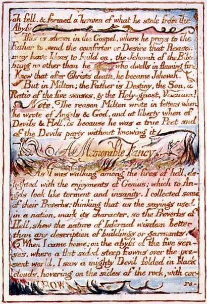 "Mesiáš padl a vytvořil nebe z toho, co ukradl...", text ze "Sňatku nebe a pekla", asi 1790-3 (reliéfní lept dokončený perem a akvarelem) od William Blake