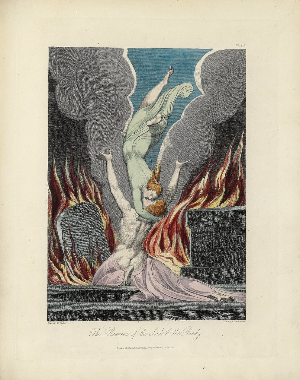 Shledání duše a těla, ilustrace z „The Grave“ od Roberta Blaira, rytina Louis Schiavonetti od William Blake