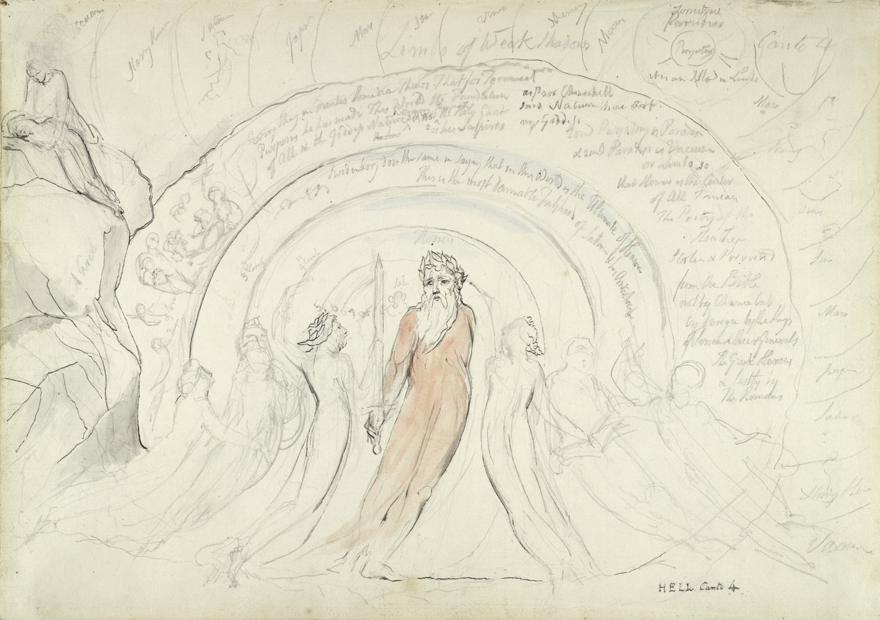 Odstíny Homéra a dalších básníků starověku, ilustrace k Božské komedii od Dante Alighieriho, 1824-27 (pero a inkoust s wc přes tužku a křídu na papíře) od William Blake