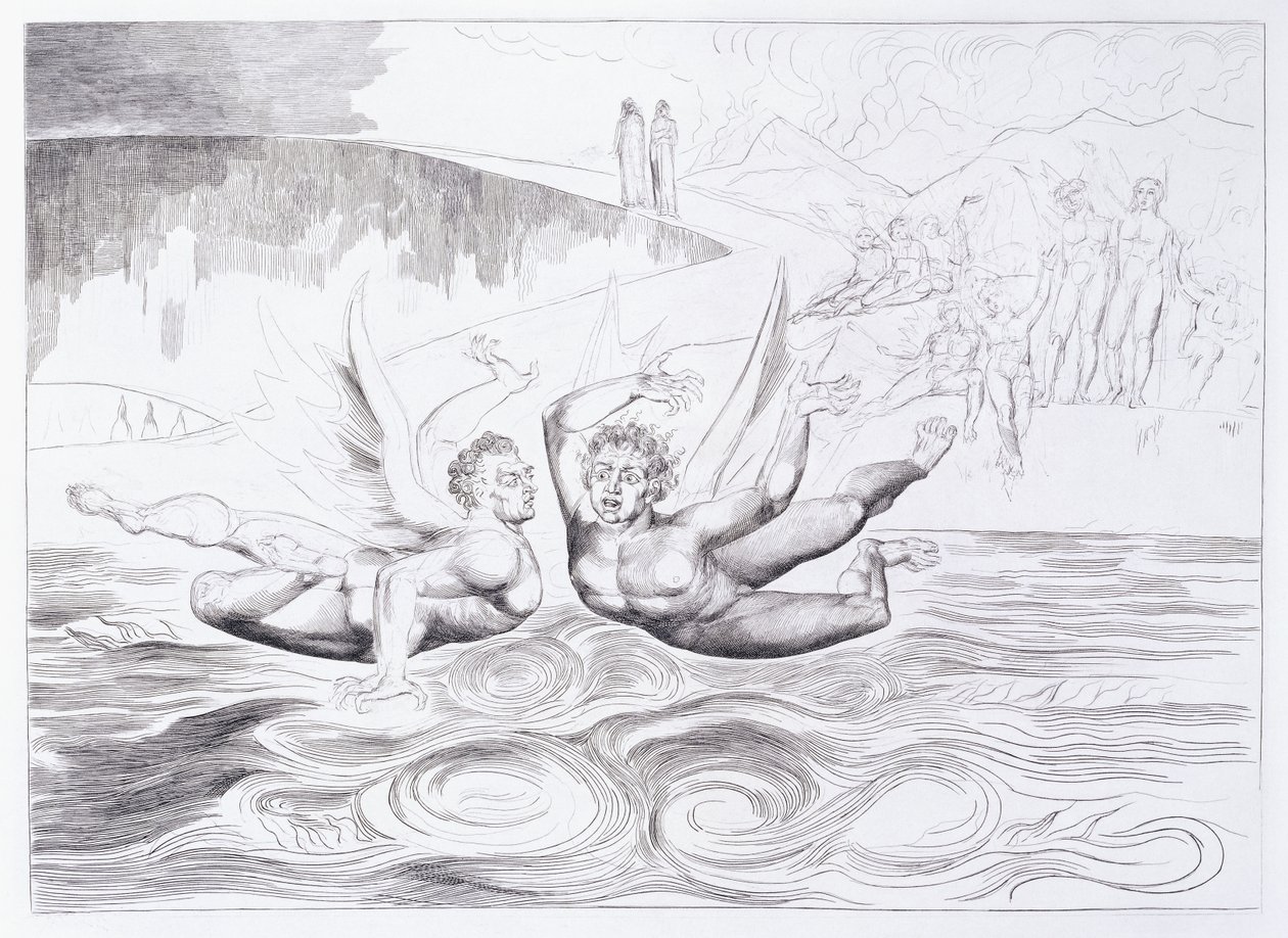 Šestinohý had útočící na Agnolo Brunelleschi, kolem 1824-1827 od William Blake