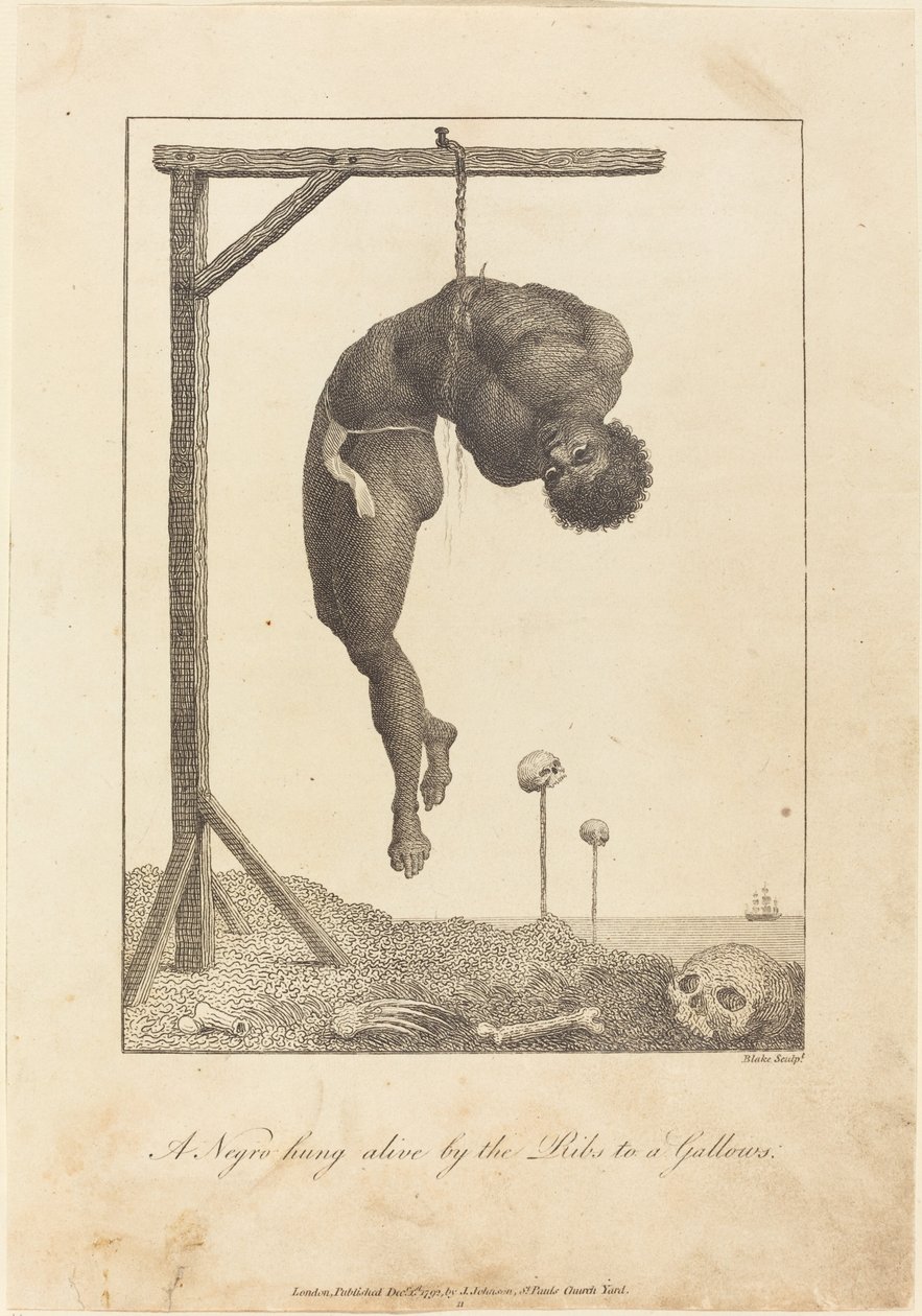 Černoch visel zaživa za žebra na šibenici od William Blake after John Gabriel Stedman