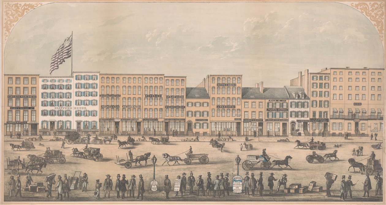 Pohled na Park Place, New York, z Broadwaye do Church Street, North Side, n. l. 1854, od William Boell