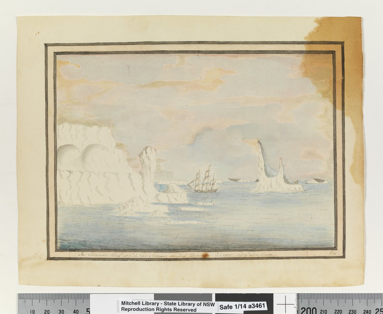Opp. p. 150. „Ice Islands thro“, po kterém Sirius vyplul 14. prosince 1788 z mysu Horn, kolem roku 1802 (akvarel) od William Bradley