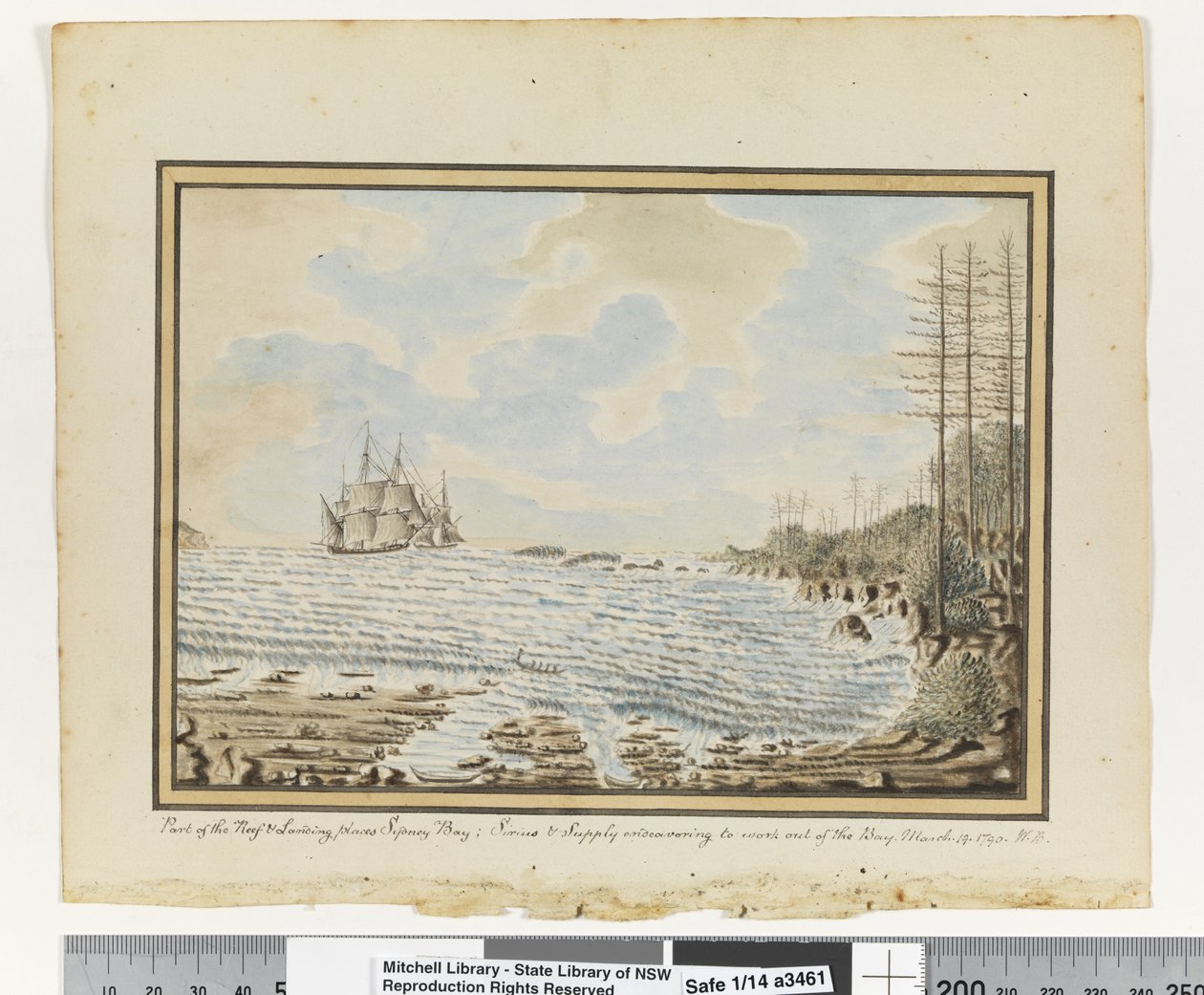 Opp. p. 194. `Část útesu a místa přistání Sydney Bay; Sirius & Supply se snaží vyjít ze zálivu. 19. března 1790, kolem 1802 (akvarel) od William Bradley